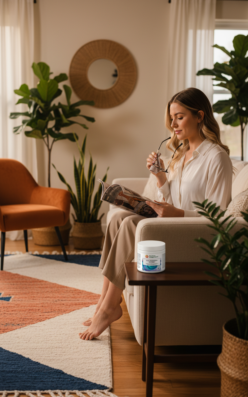 Young woman in a cosy living room cleaning her glasses beside Lutein Zeaxanthin Eye Glow supplement tub on coffee table