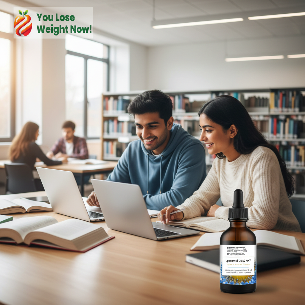 Two South Asian university students at a library desk with a YouLoseWeightNow! dropper bottle, lifestyle photography