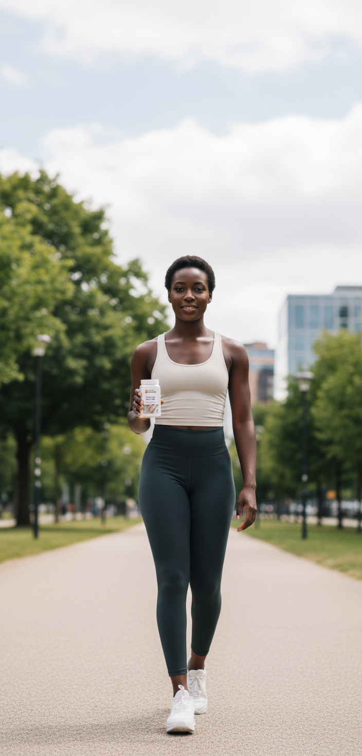 Black female walking in an urban park holding Psyllium Fibre Fullness Surge by YouLoseWeightNow!