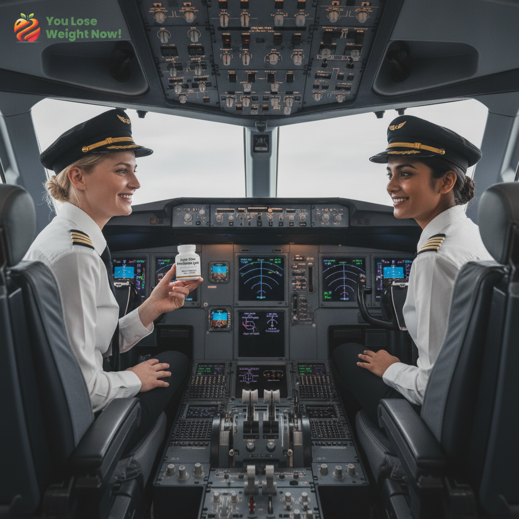 Two female pilots — one White, one South Asian — in their late twenties in the cockpit of a commercial aircraft, gold epaulette stripes, pilot caps, one holding the Apple Cider Metabolism Ignite flat pot, grinning at her co-pilot. The YouLoseWeightNow! logo is visible in the top left corner of the image.