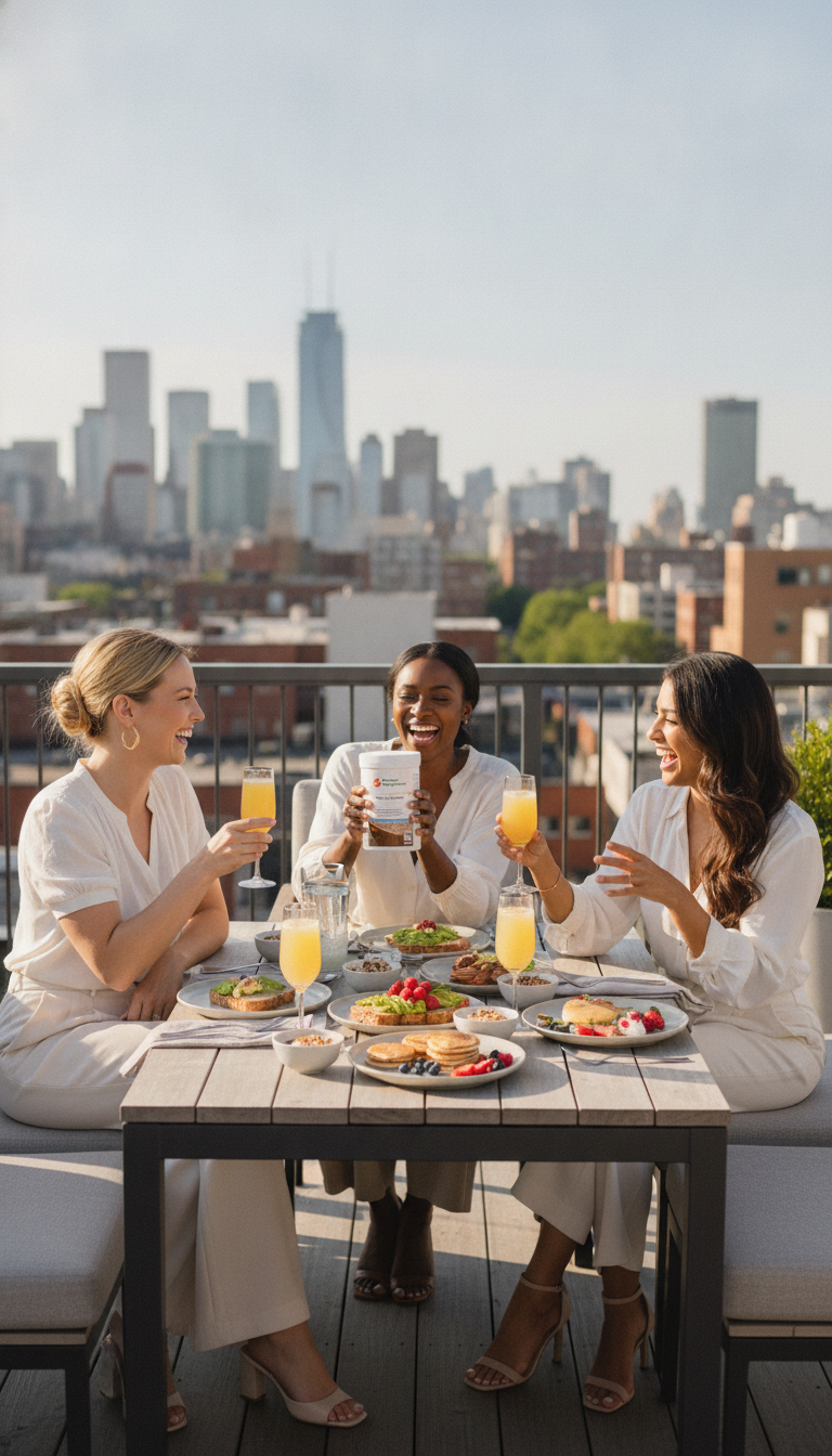 Three women enjoy a rooftop brunch in the sunshine, one holding the Fibre Full Gut Flow round supplement pot. YouLoseWeightNow!