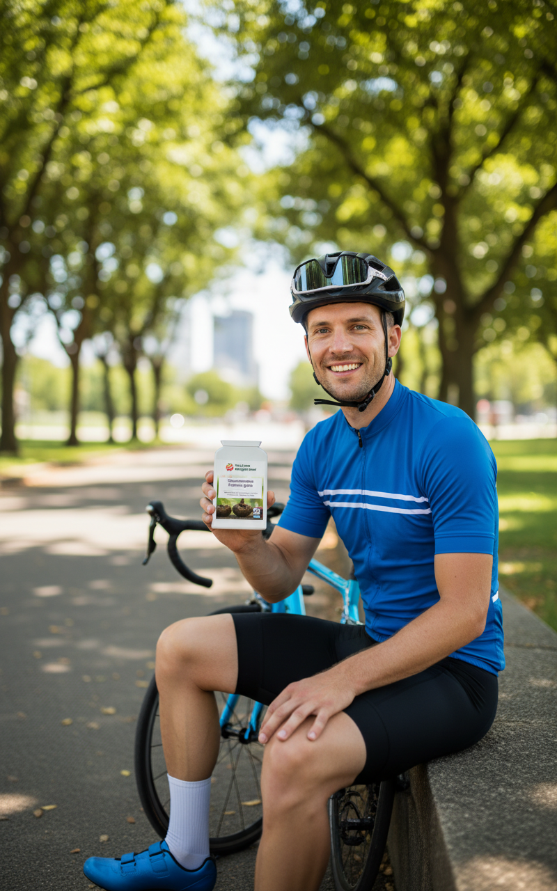 White male cyclist on a tree-lined path holding YouLoseWeightNow! Glucomannan Fullness Ignite supplement โ active lifestyle, gut health and weight management support