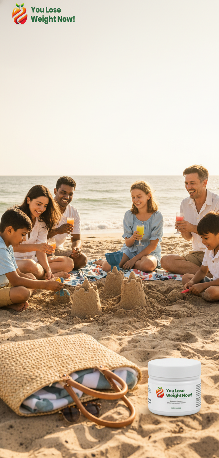 Three mixed-race families on a sunny beach, children playing in the sand building sandcastles, parents laughing and relaxed nearby, a tiny flat wide-lidded YouLoseWeightNow! 20 Billion Gut Biotic supplement pot visible in an open beach bag in the foreground. The YouLoseWeightNow! logo is visible in the top left corner of the image.
