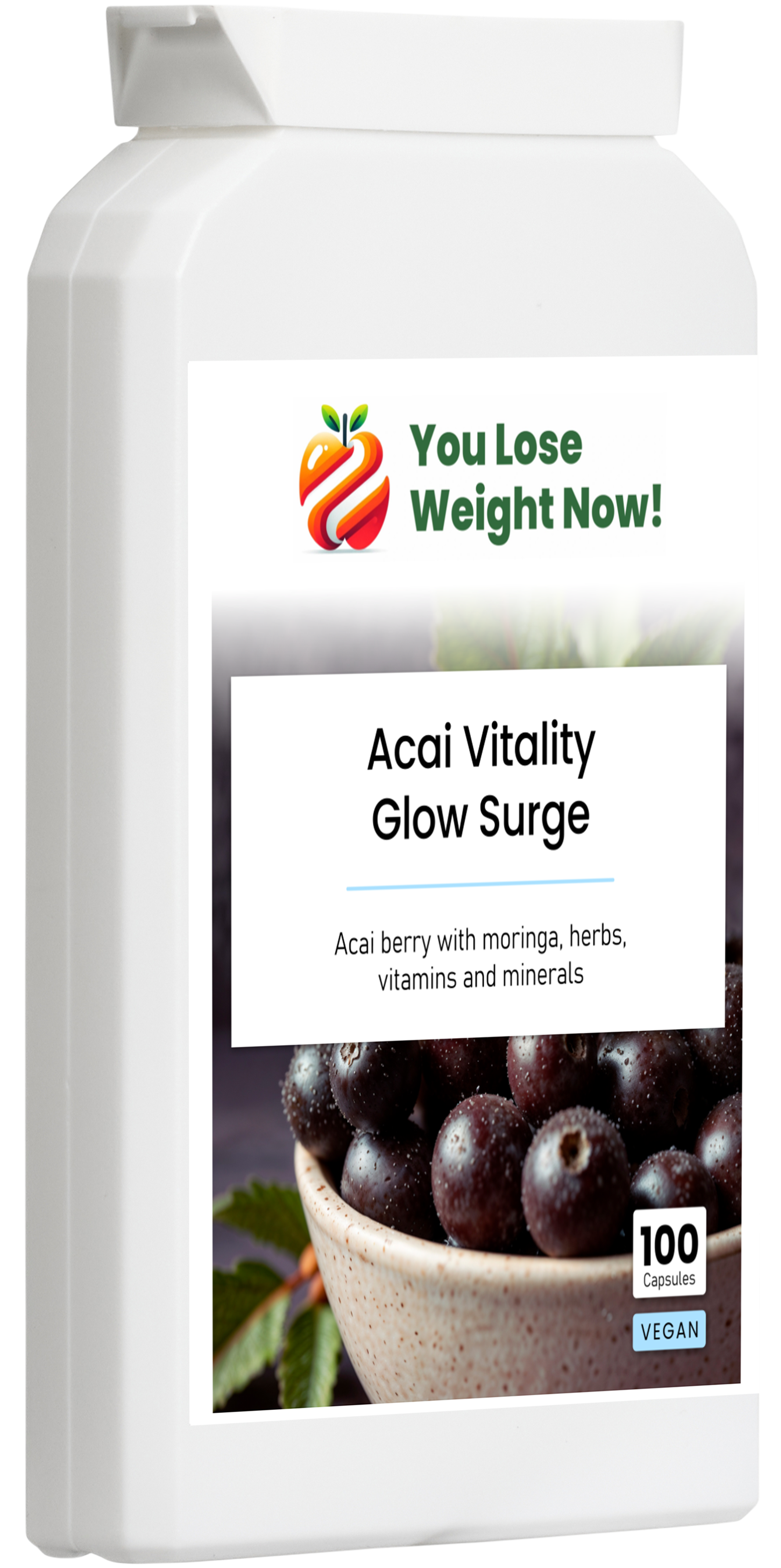 "Acai Vitality Glow Surge supplement bottle – clean formula, UK-made – YouLoseWeightNow!"