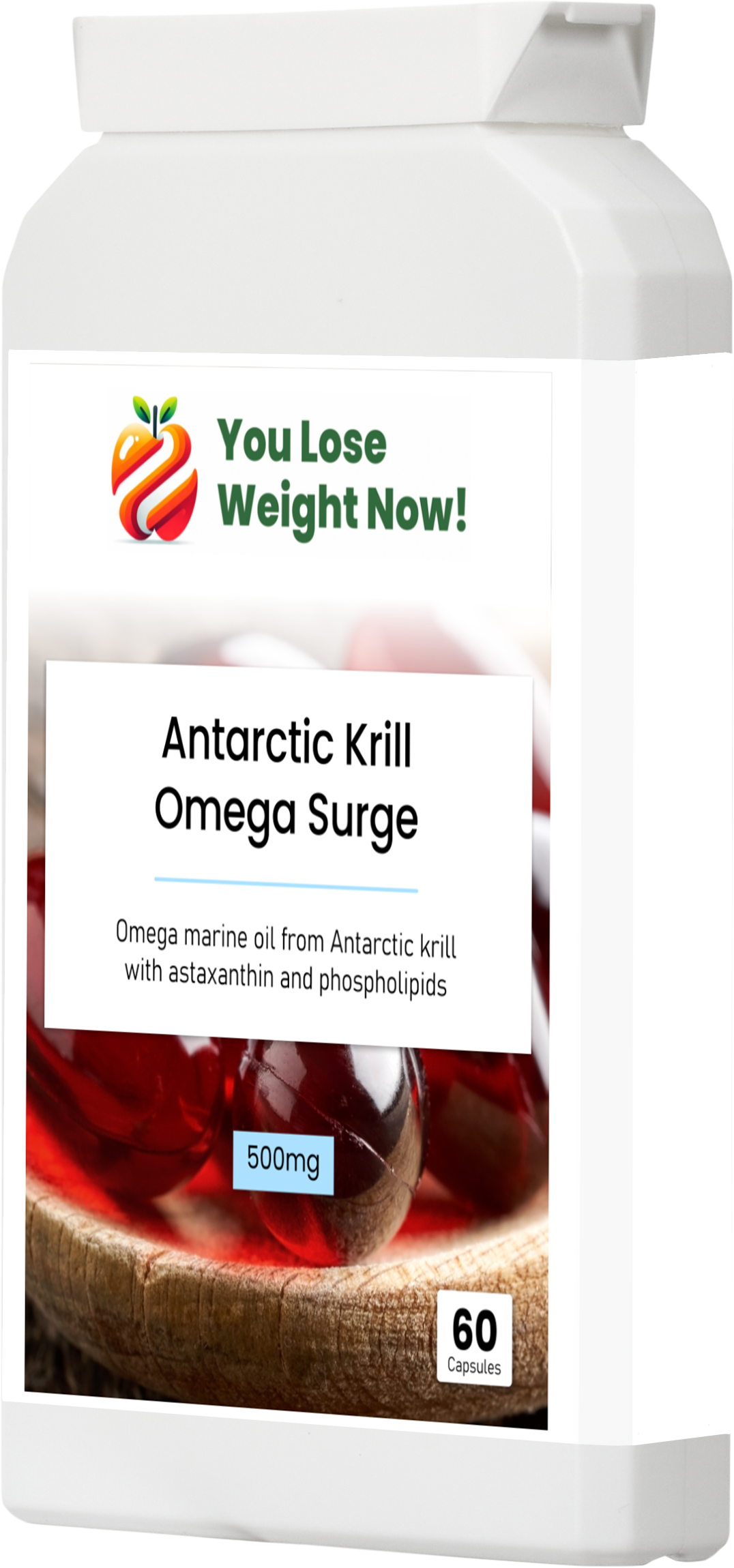 Antarctic Krill Oil Omega Surge supplement bottle side view โ marine phospholipids, omega-3, UK-made โ YouLoseWeightNow!
