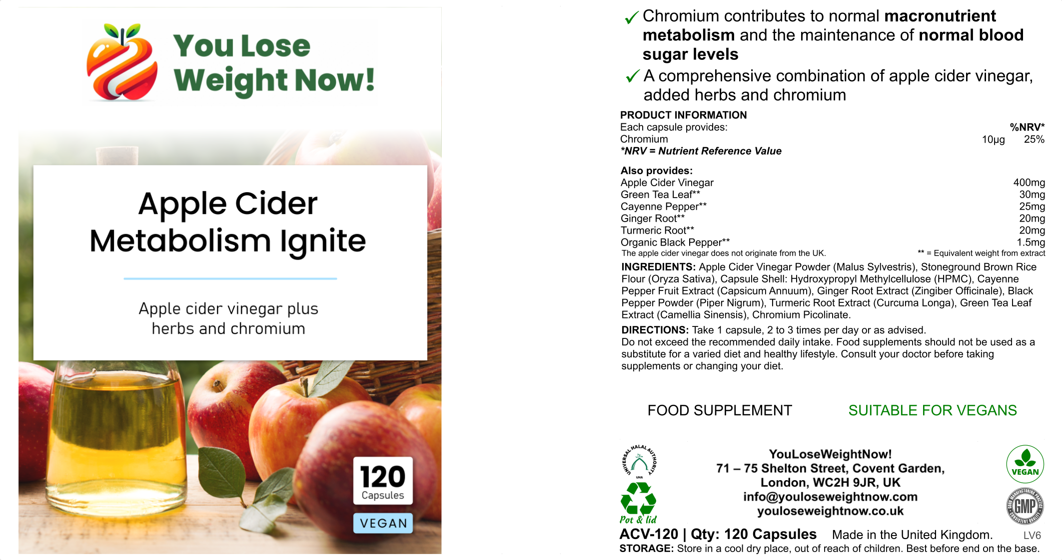 Apple Cider Metabolism Ignite — YouLoseWeightNow! flat pot hero render, three-quarter perspective view showing full label with apple cider vinegar plus herbs and chromium, 120 vegan capsules.