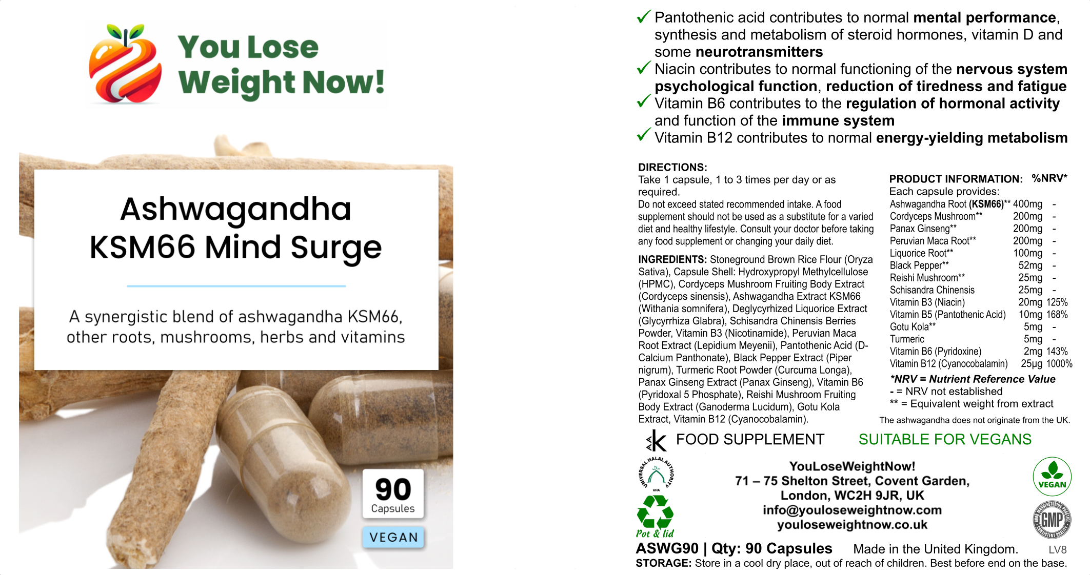Ashwagandha KSM66 Mind Surge ā front and back label showing full 12-ingredient botanical complex