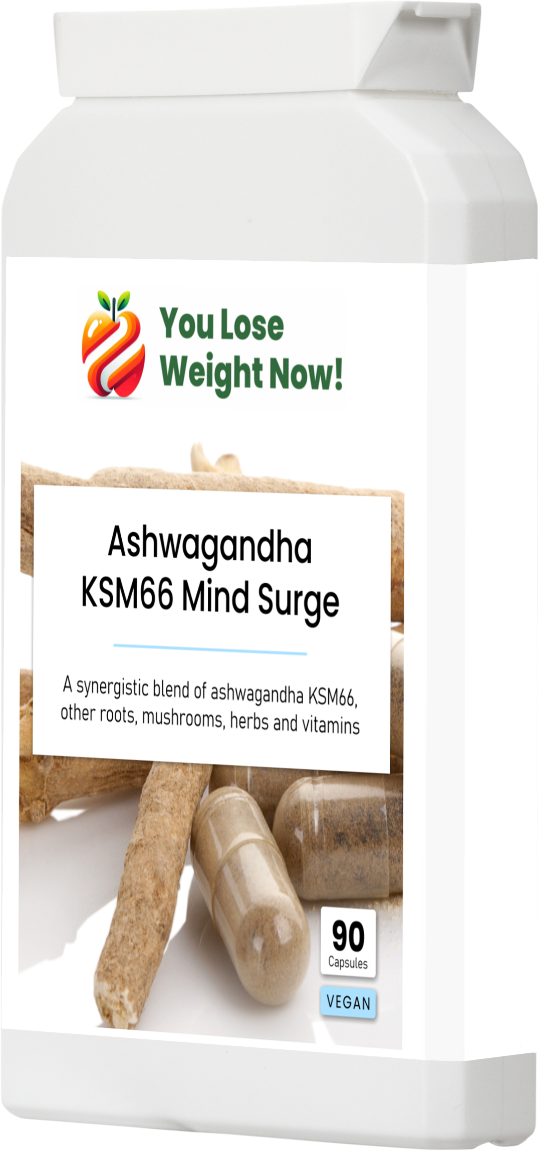 Ashwagandha KSM66 Mind Surge ā side angle showing tall bottle profile and 90 capsule label