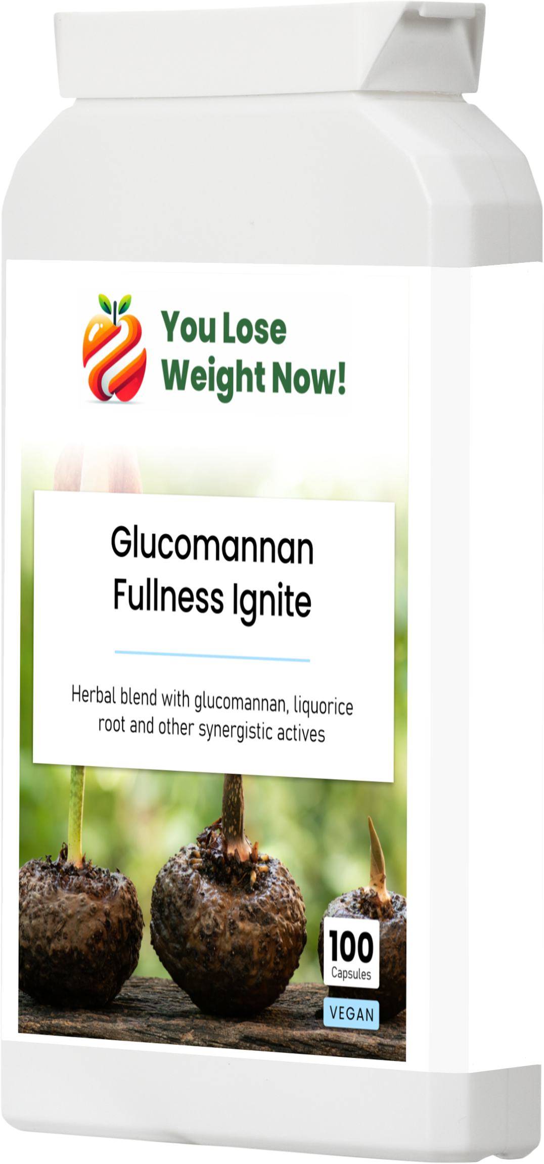YouLoseWeightNow! Glucomannan Fullness Ignite flat pot left side profile โ ultra-slim design fits through standard UK letterbox