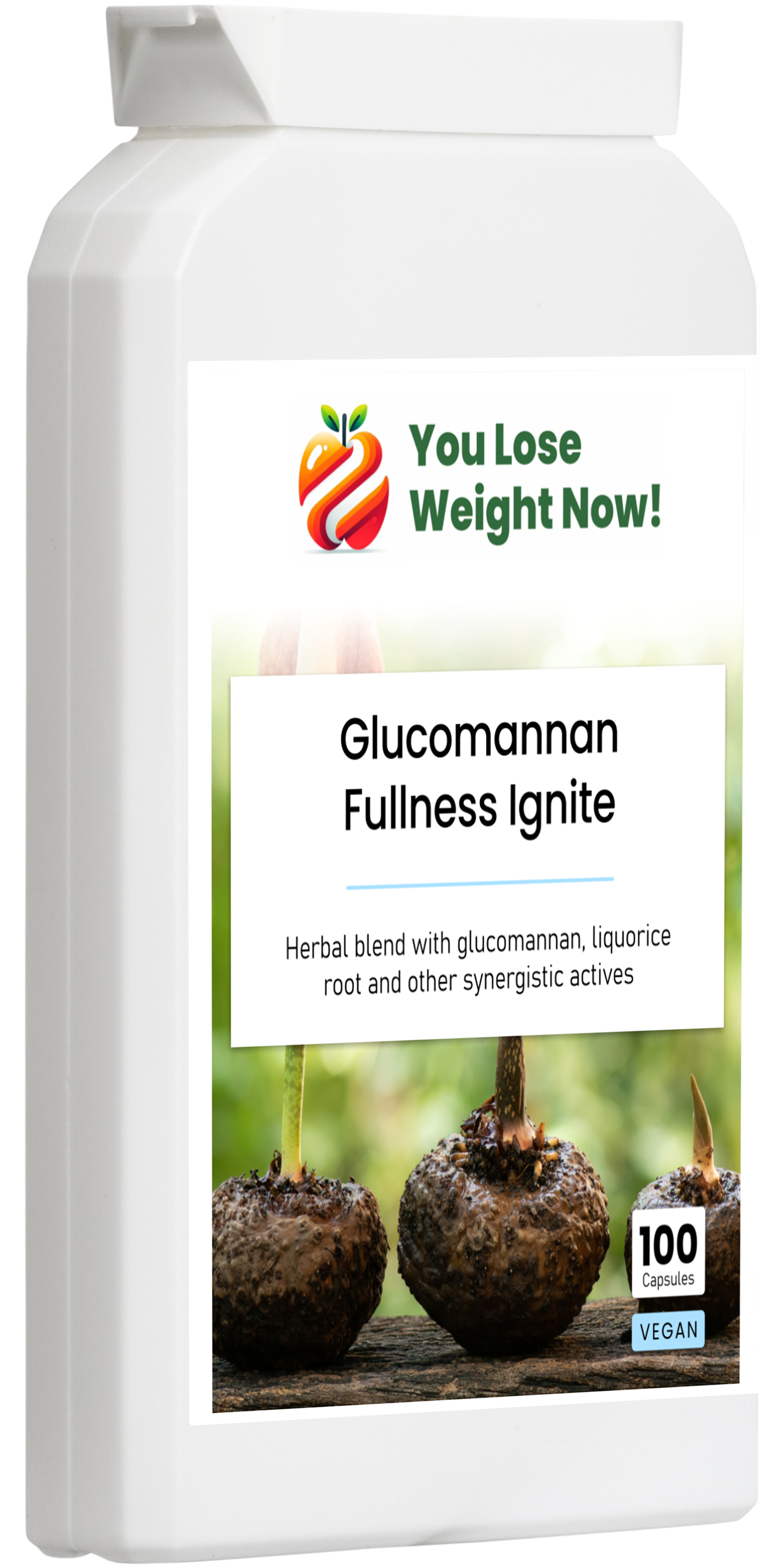 YouLoseWeightNow! Glucomannan Fullness Ignite flat pot right side profile โ slim letterbox-friendly packaging, premium UK supplement