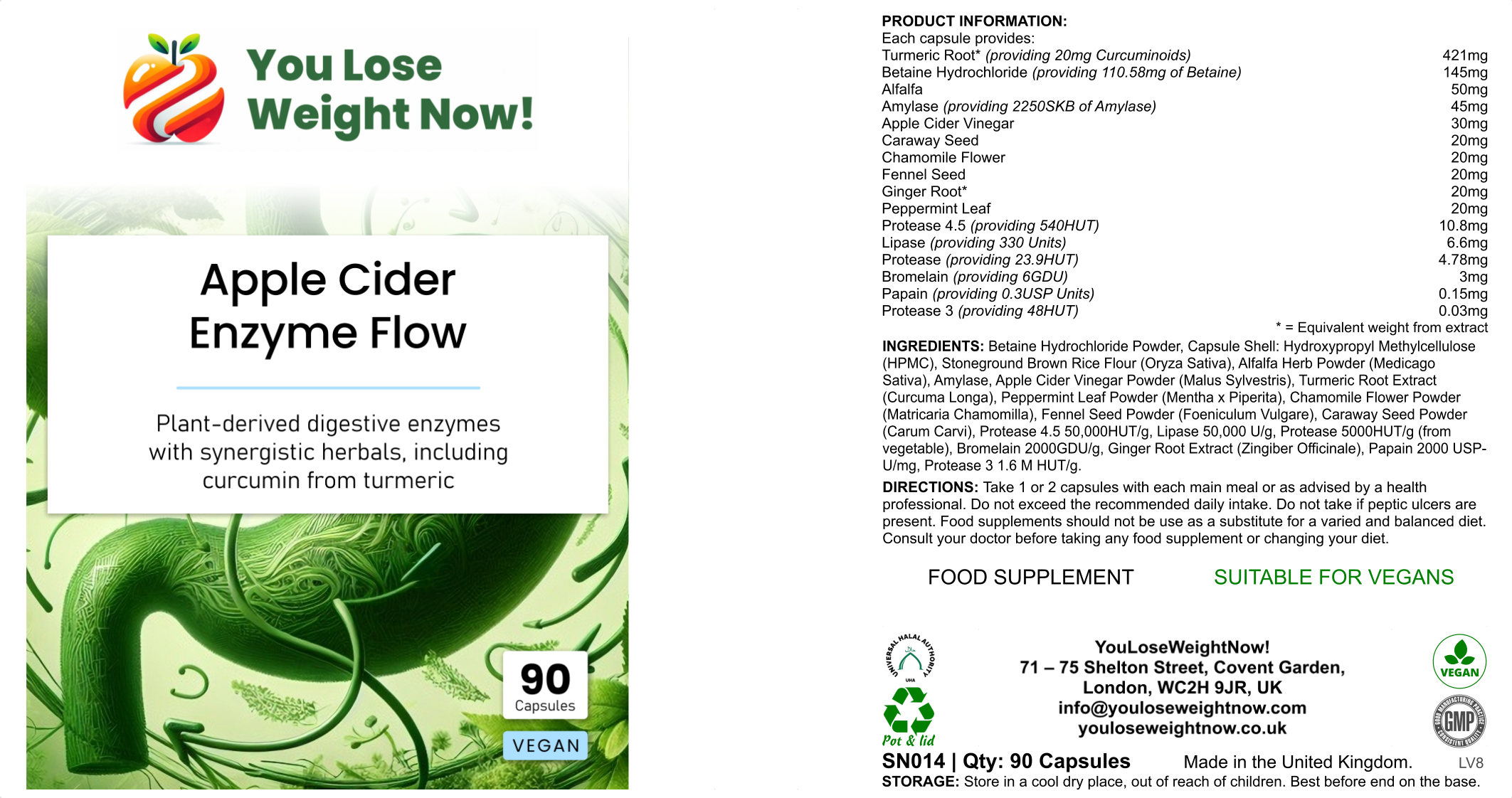 Apple Cider Enzyme Flow by YouLoseWeightNow! โ 3-panel hero shot showing the flat supplement pot with full label and digestive enzyme blend