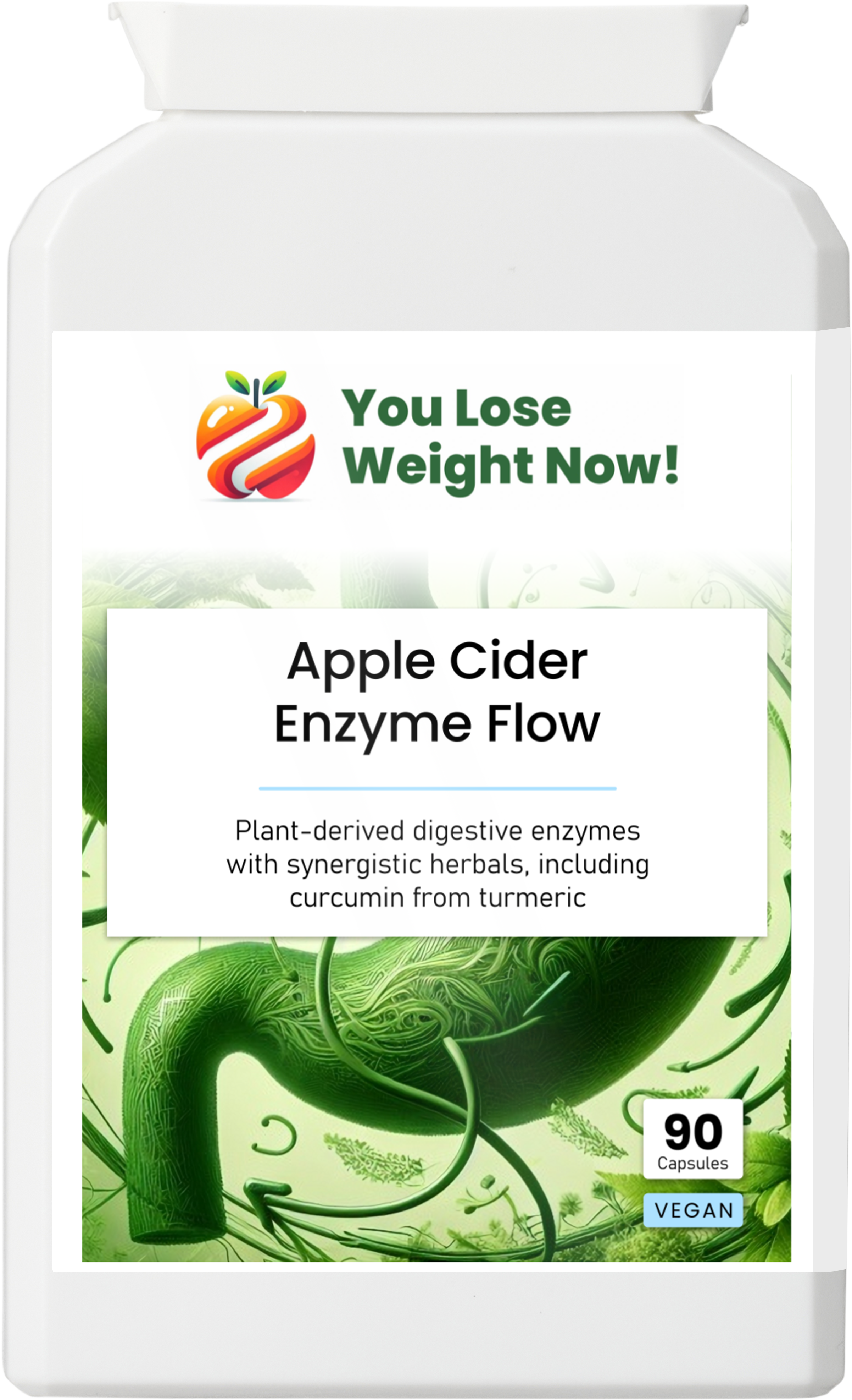 Apple Cider Enzyme Flow by YouLoseWeightNow! — front of flat pot showing product name and key digestive enzyme benefits