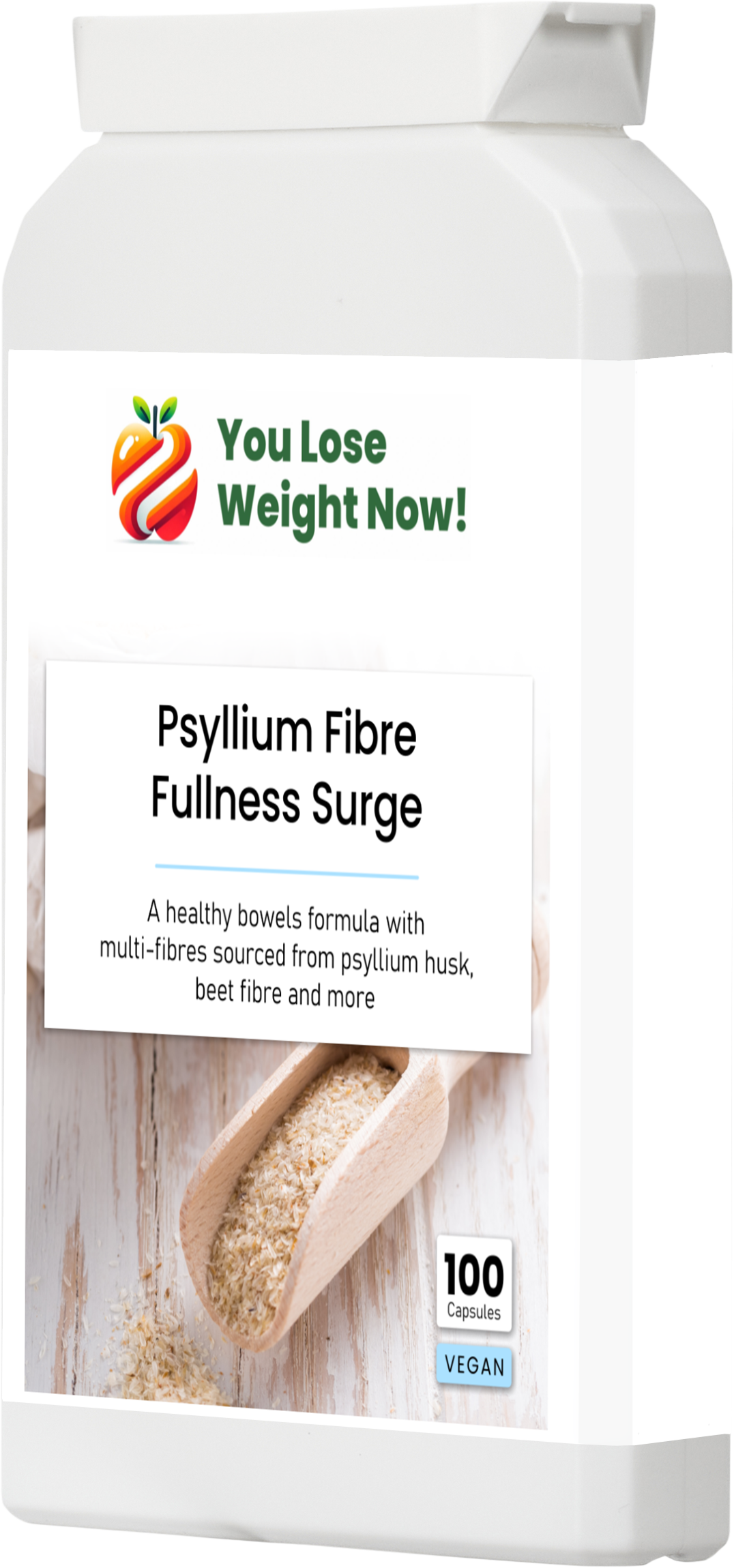 Psyllium Fibre Fullness Surge โ side profile showing slim letterbox-friendly flat pot design