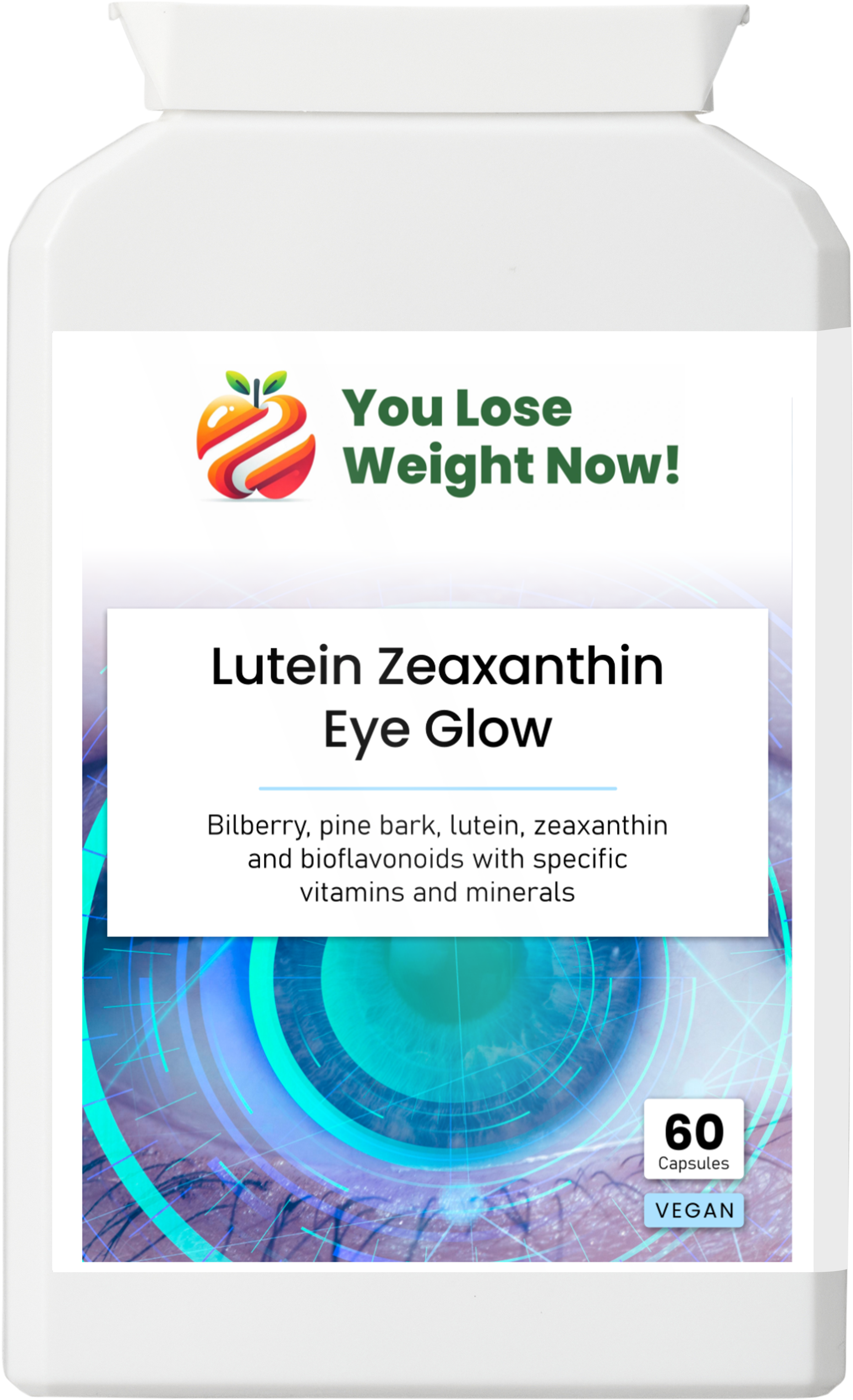 Lutein Zeaxanthin Eye Glow by YouLoseWeightNow! — front view of supplement tub showing label with 11 active eye health ingredients