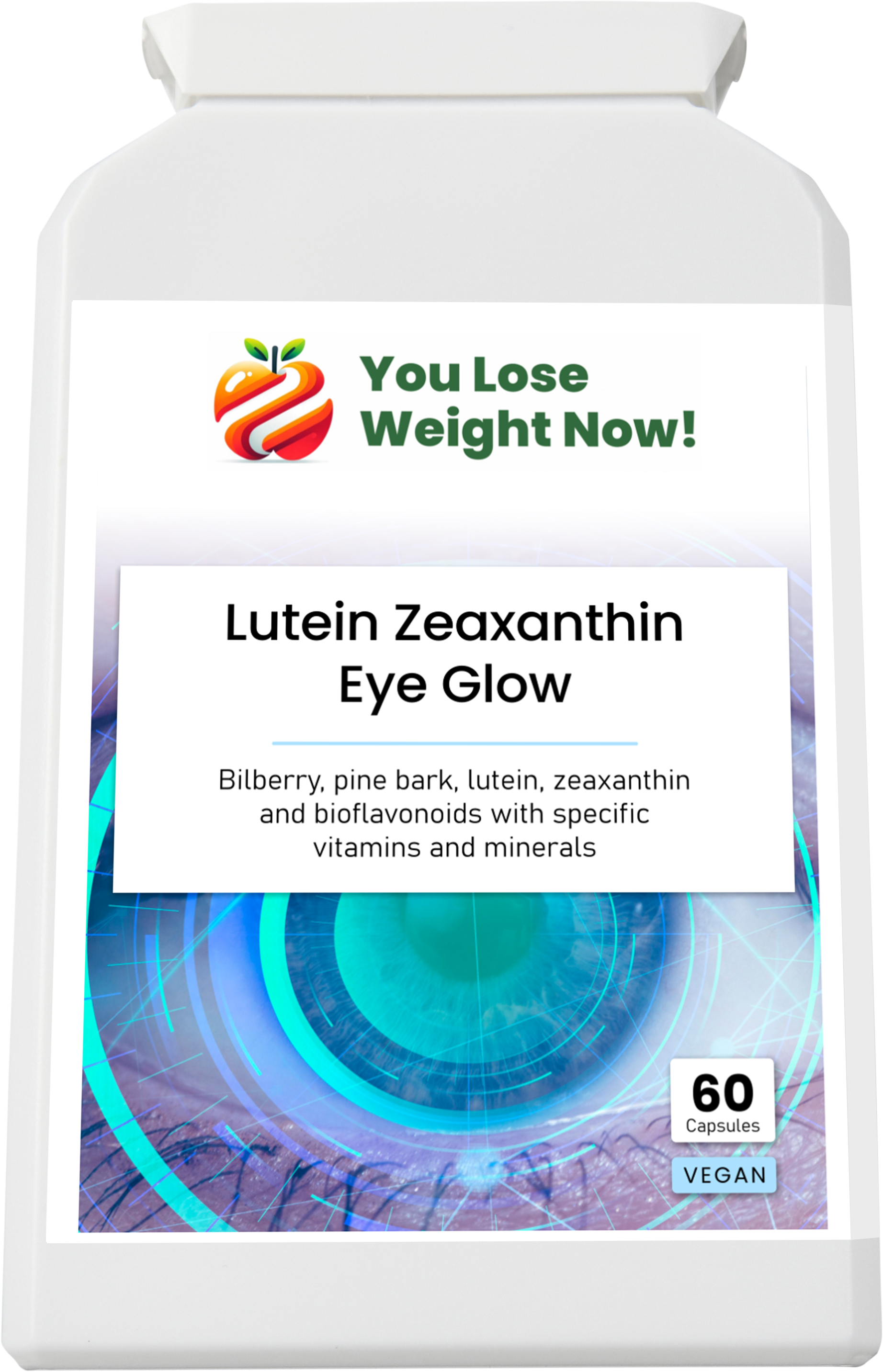 Lutein Zeaxanthin Eye Glow supplement tub โ angled front view showing YouLoseWeightNow! branding and eye health complex