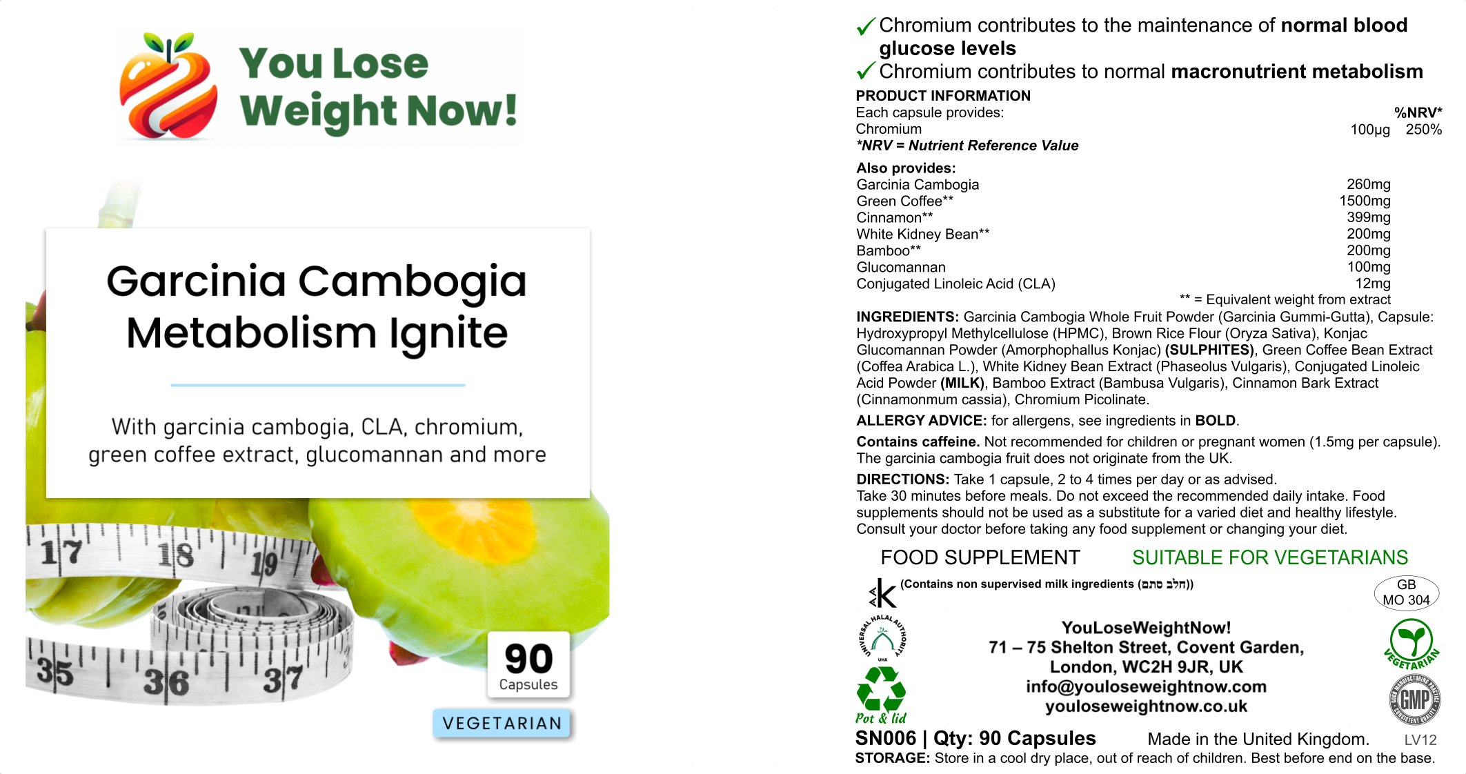 Garcinia Cambogia Metabolism Ignite by YouLoseWeightNow! โ full 3-panel label render showing front, back and side of supplement pot with 8 active ingredients and EFSA claims
