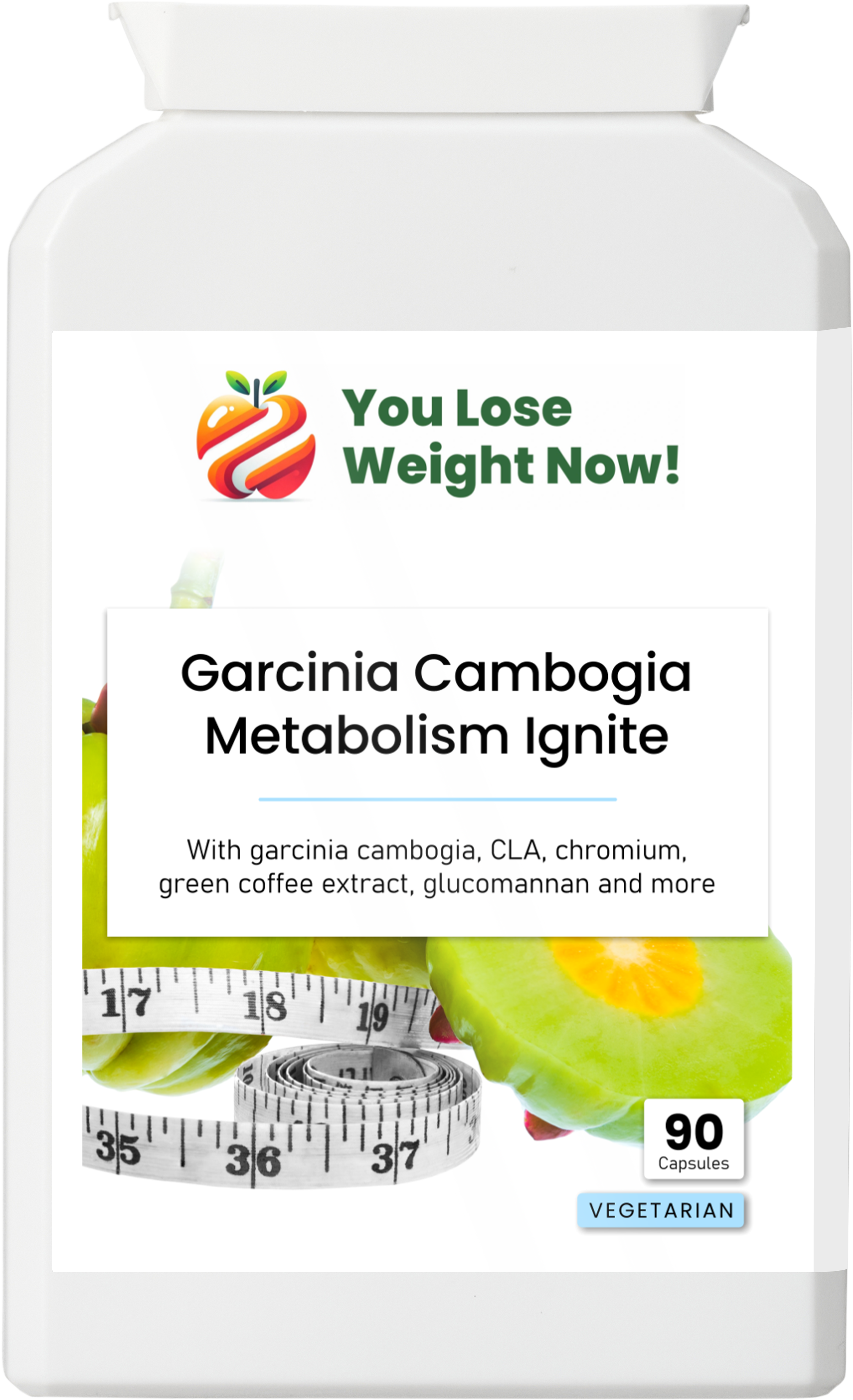 Garcinia Cambogia Metabolism Ignite by YouLoseWeightNow! — front view of supplement pot showing 8-ingredient in shape complex label
