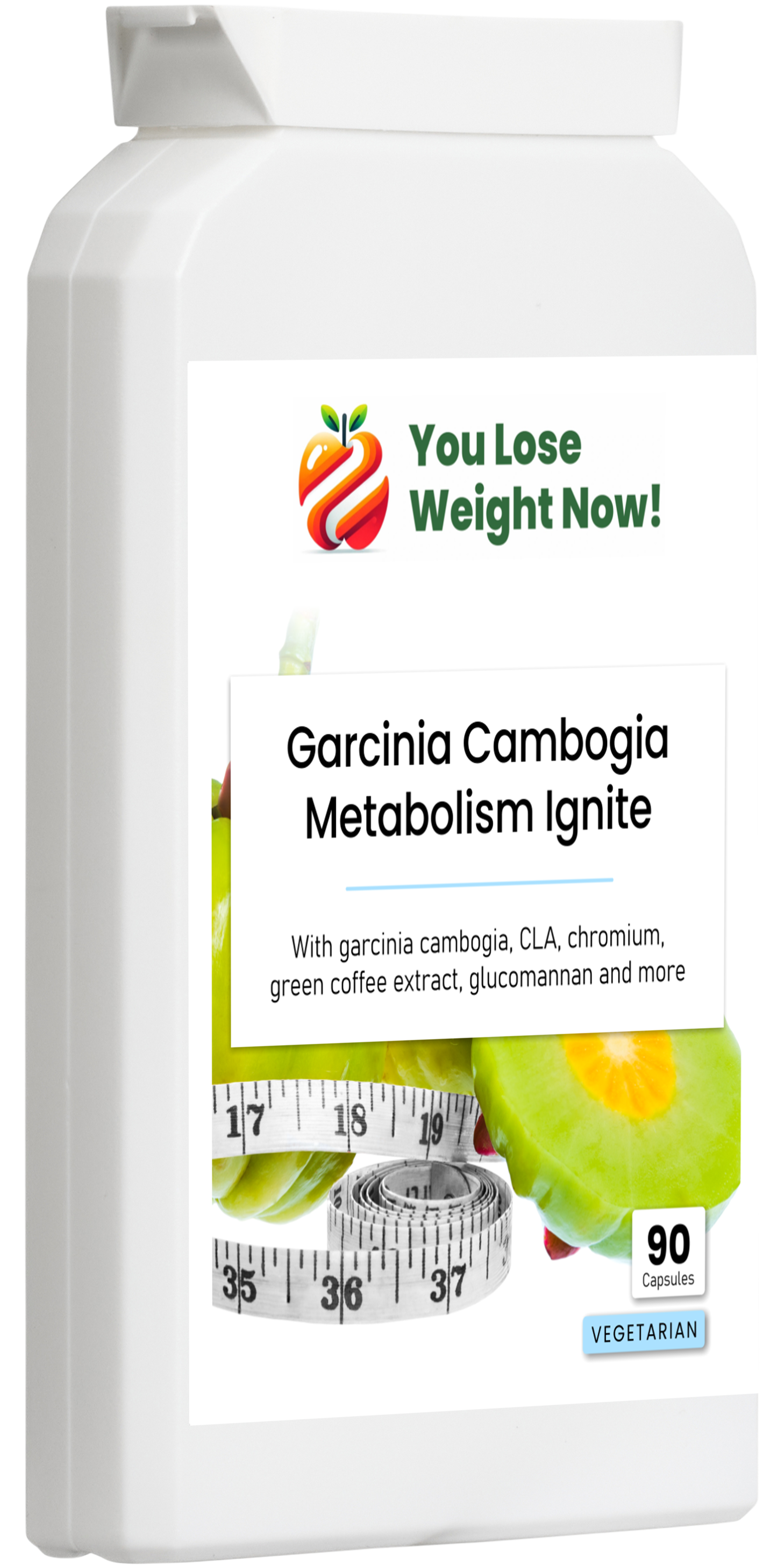 Garcinia Cambogia Metabolism Ignite supplement pot โ right side angle view showing flat pot format and label detail