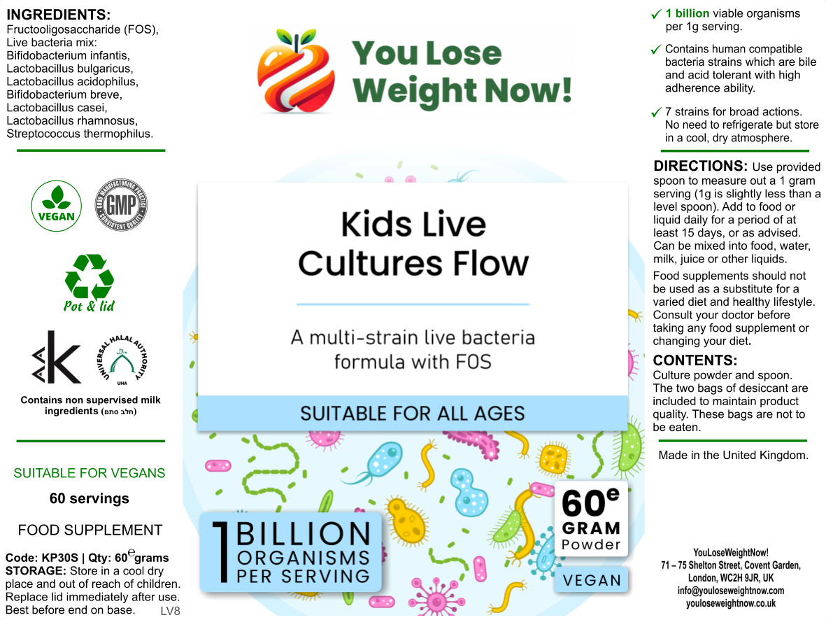 Kids Live Cultures Flow by YouLoseWeightNow! — hero flat lay label render, clean product shot showing all label details