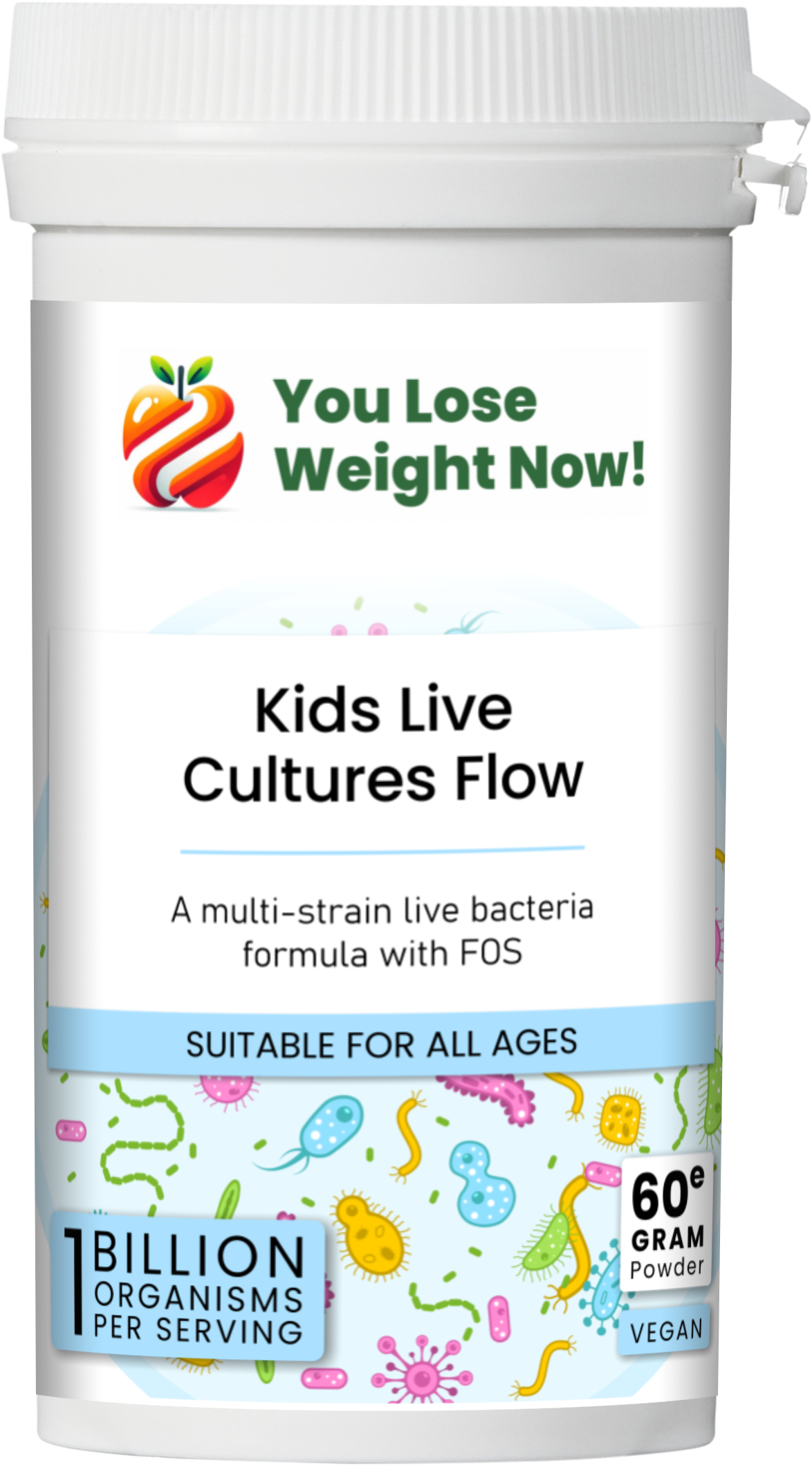 Kids Live Cultures Flow by YouLoseWeightNow! — front label render of the round securitainer pot showing full product label