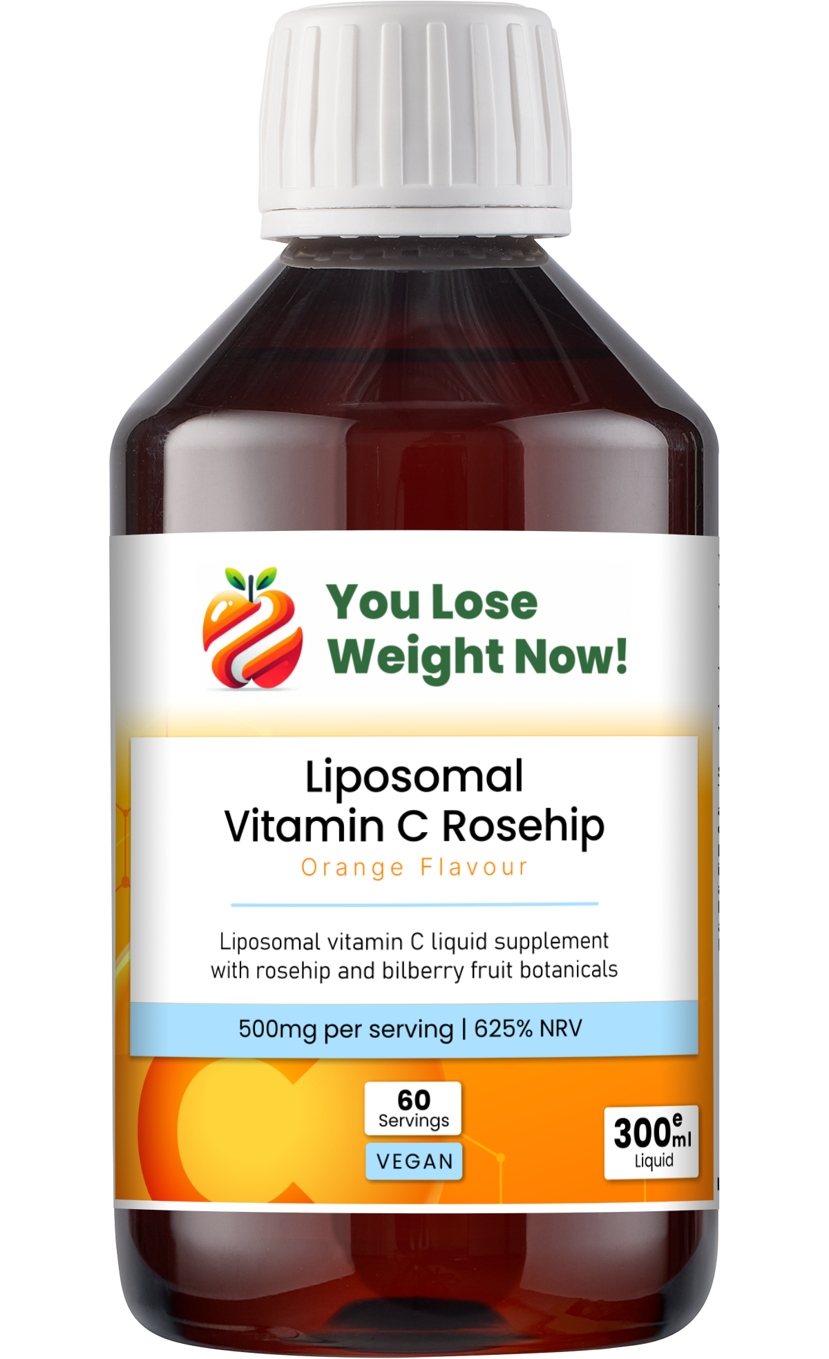YouLoseWeightNow! Liposomal Vitamin C Rosehip Surge — angled front render of amber bottle showing label detail, clean white background