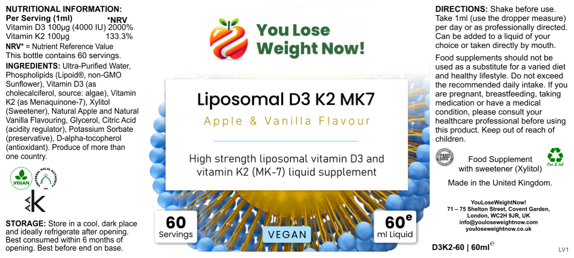 Liposomal D3 K2 MK7 Dropper Surge by YouLoseWeightNow! — 60ml dark glass dropper bottle, front render