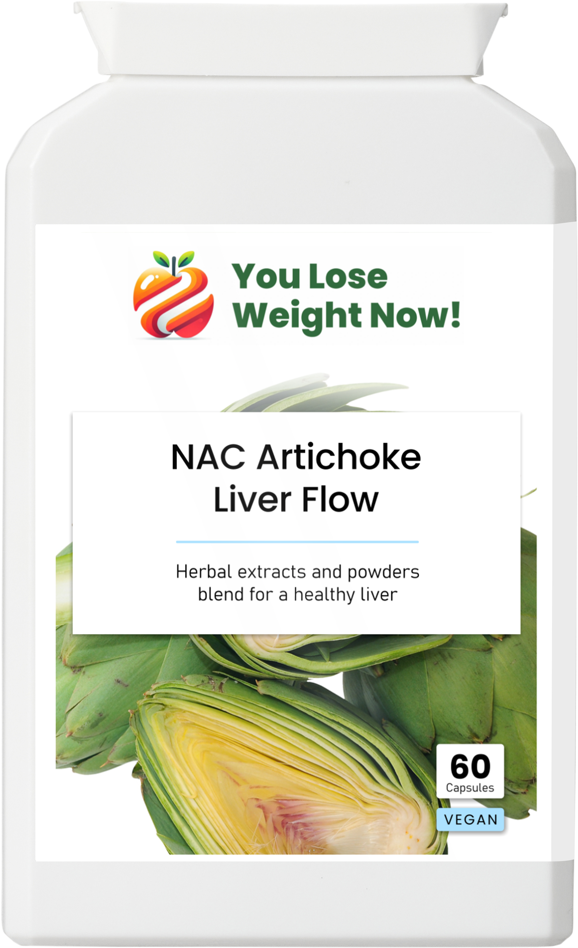 NAC Artichoke Liver Flow flat supplement pot perspective render — Artichoke 4800mg, NAC, ALA, Choline & Biotin, Vegan, Halal, GMP-certified