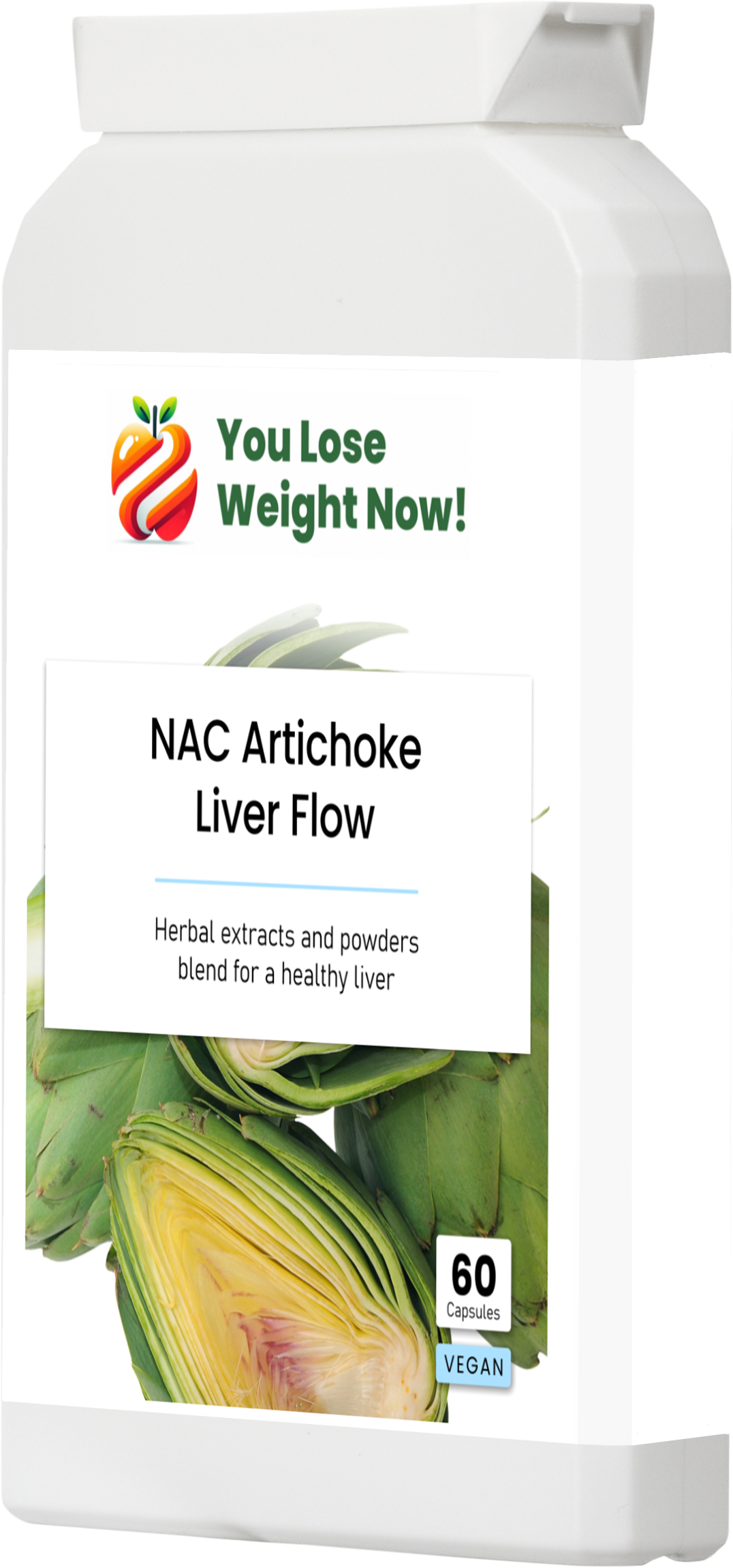 NAC Artichoke Liver Flow flat supplement pot side render — Vegan, Halal, GMP-certified liver support, UK-shipped by YouLoseWeightNow!