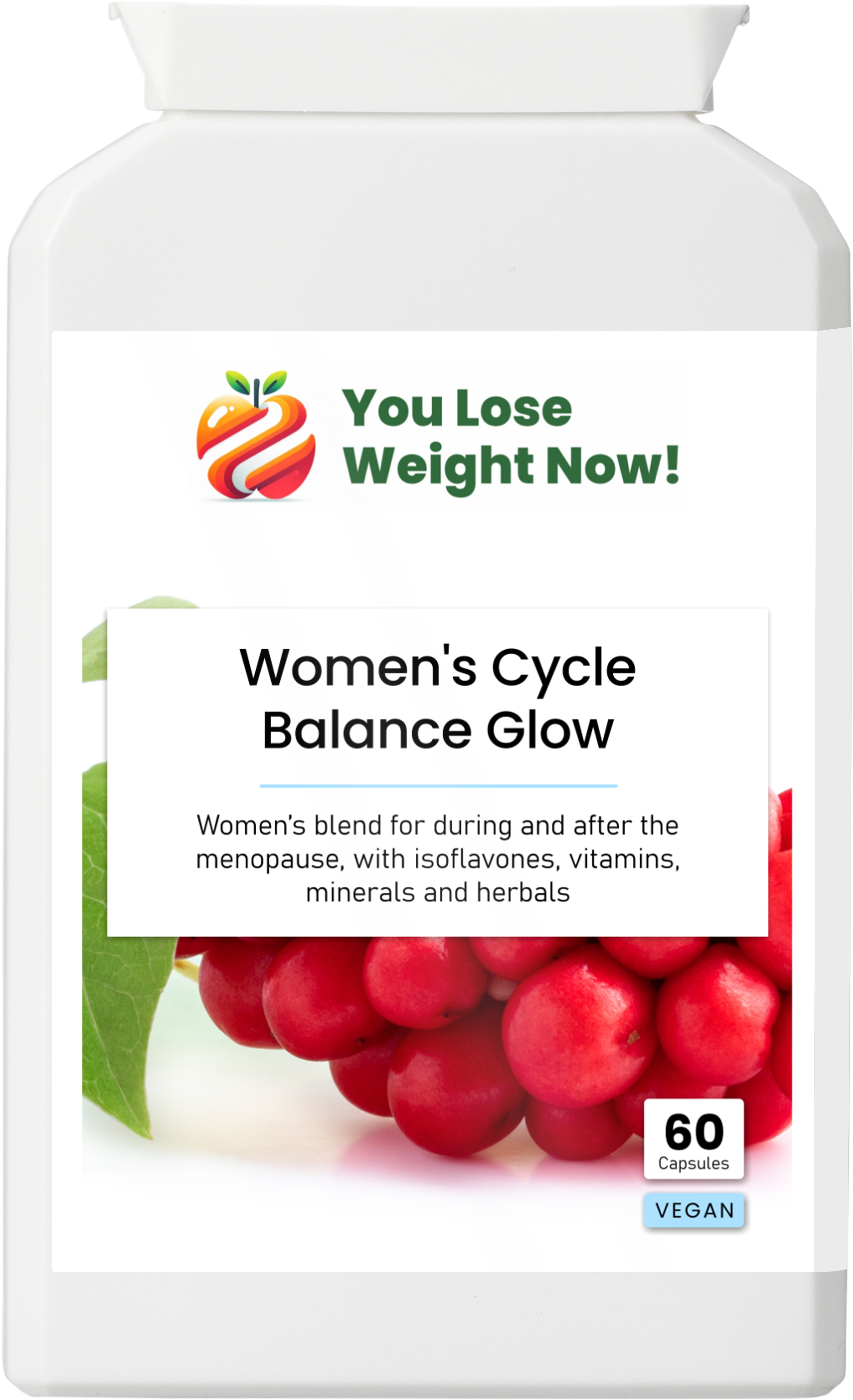 Women's Cycle Balance Glow by YouLoseWeightNow! — front render of a tiny flat supplement pot showing the product name, 60 vege caps, Vegan, Halal, Kosher and GMP certified