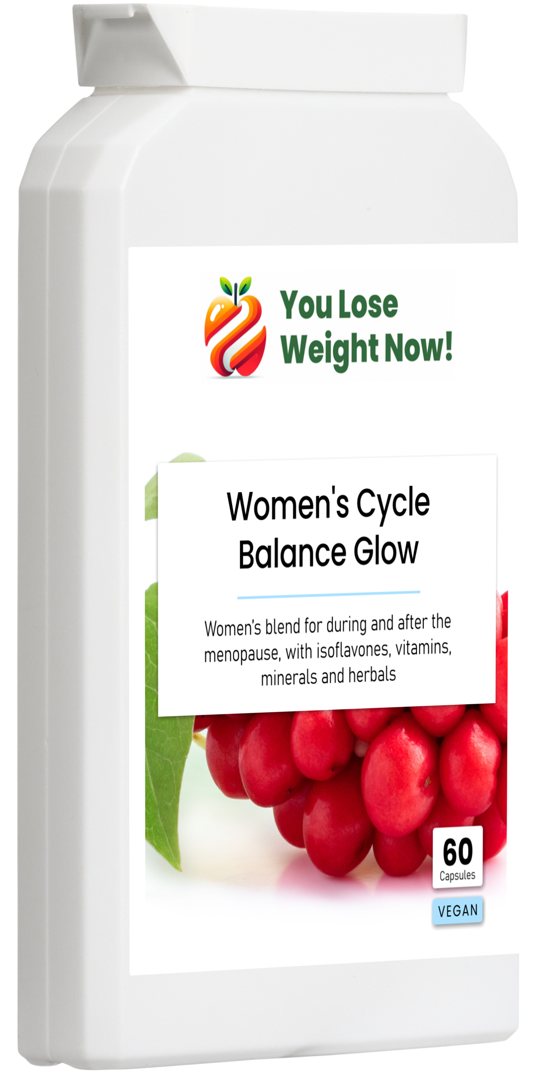 Women's Cycle Balance Glow by YouLoseWeightNow! — right side angle render of a tiny flat supplement pot showing the product profile and branding