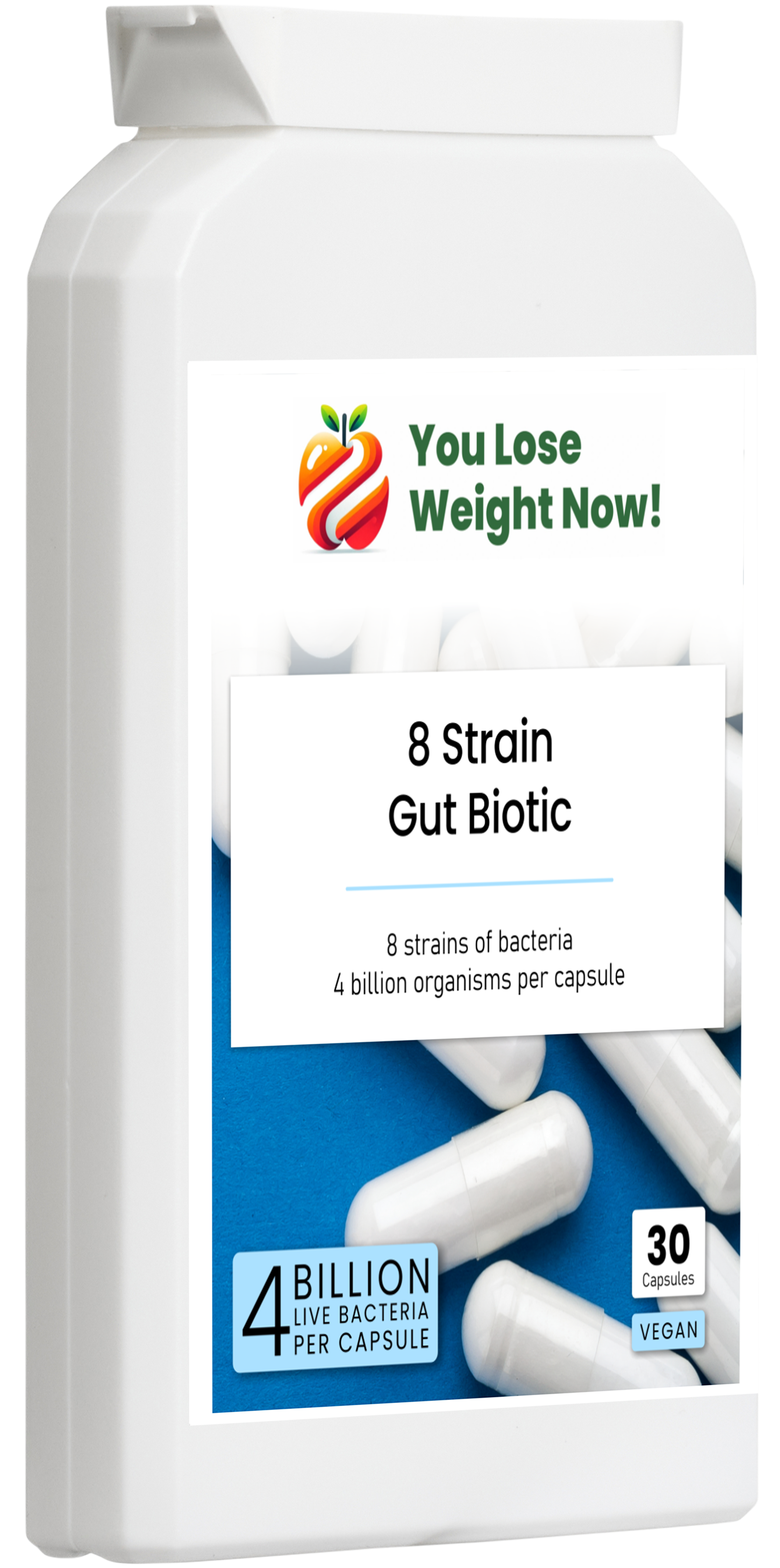 8 Strain Gut Biotic by YouLoseWeightNow! — right side view of tiny flat supplement pot, no bigger than a lip balm tin, short squat wide disc, showing the slim letterbox-friendly profile