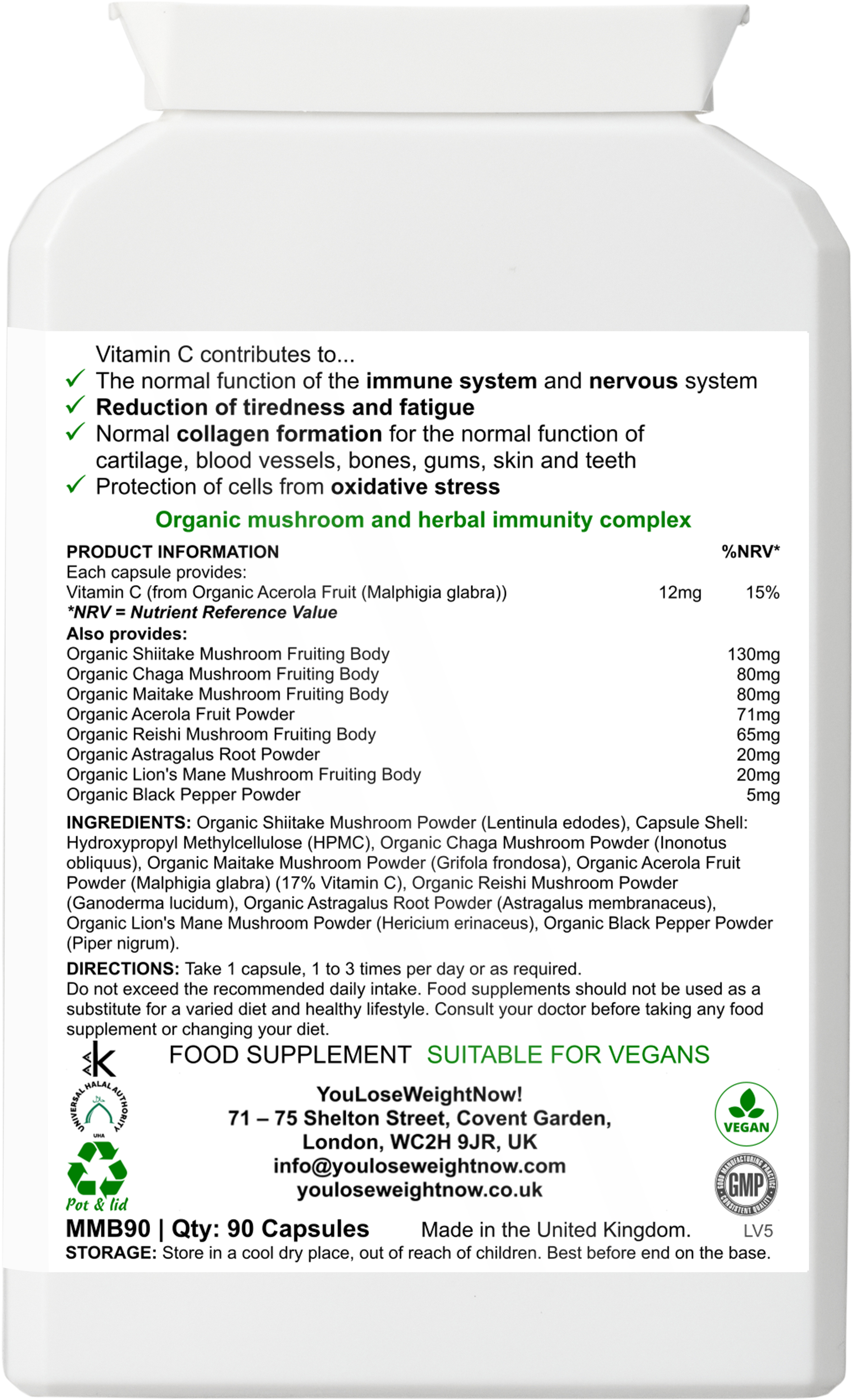 Multi-Mushroom Lion's Mane Surge by YouLoseWeightNow! — reverse perspective render of the tiny flat supplement pot, short squat and wide like a small face cream pot, showing the rear label with full ingredients list, EFSA-compliant Vitamin C claims, allergen information and Soil Association Organic certification