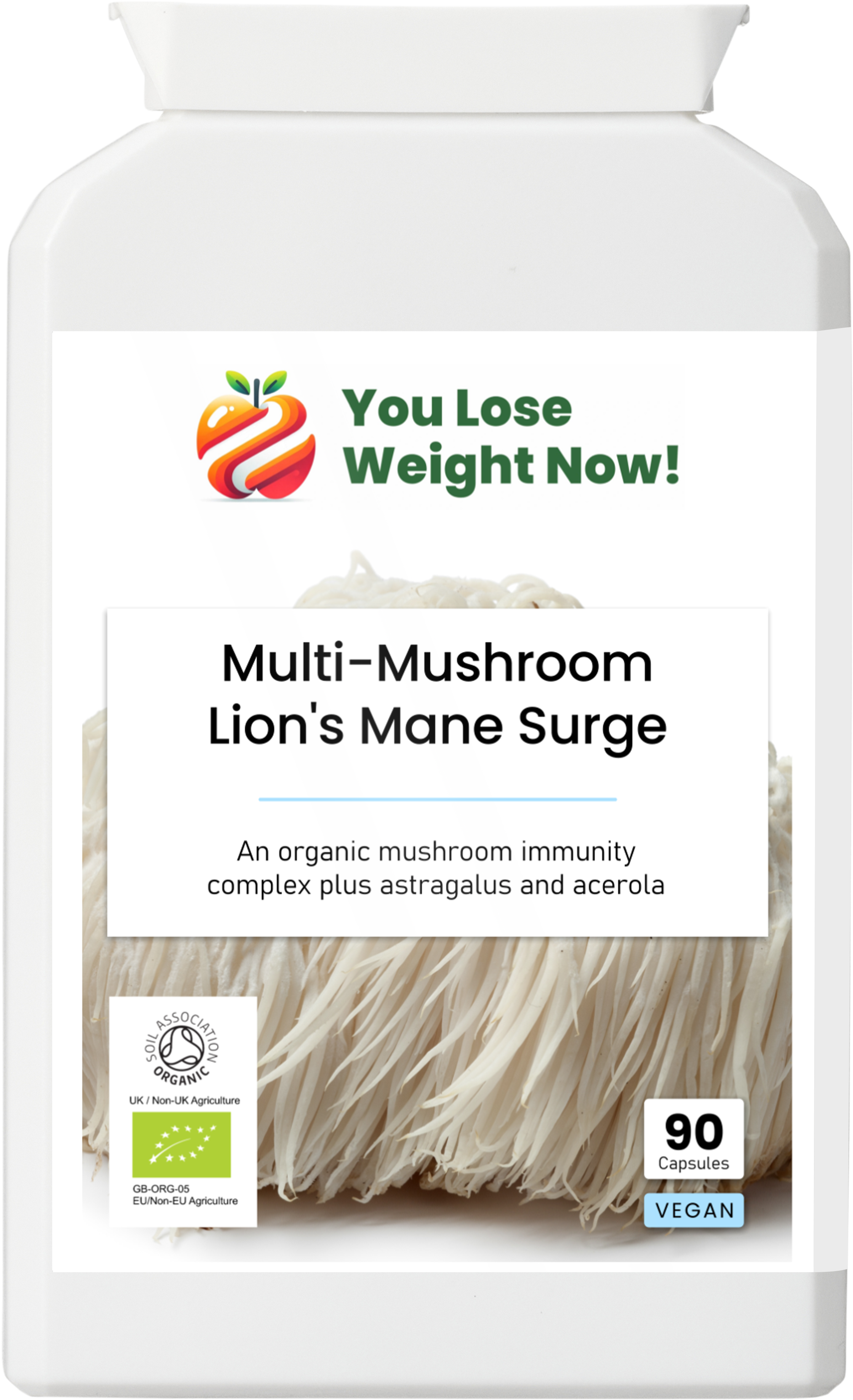 Multi-Mushroom Lion's Mane Surge by YouLoseWeightNow! — front render of the tiny flat supplement pot, short squat and wide like a small face cream pot, showing the full front label with organic mushroom immunity complex branding, Lion's Mane, Reishi, Shiitake, Maitake and Chaga, 90 vege capsules, Vegan and Soil Association Organic certified