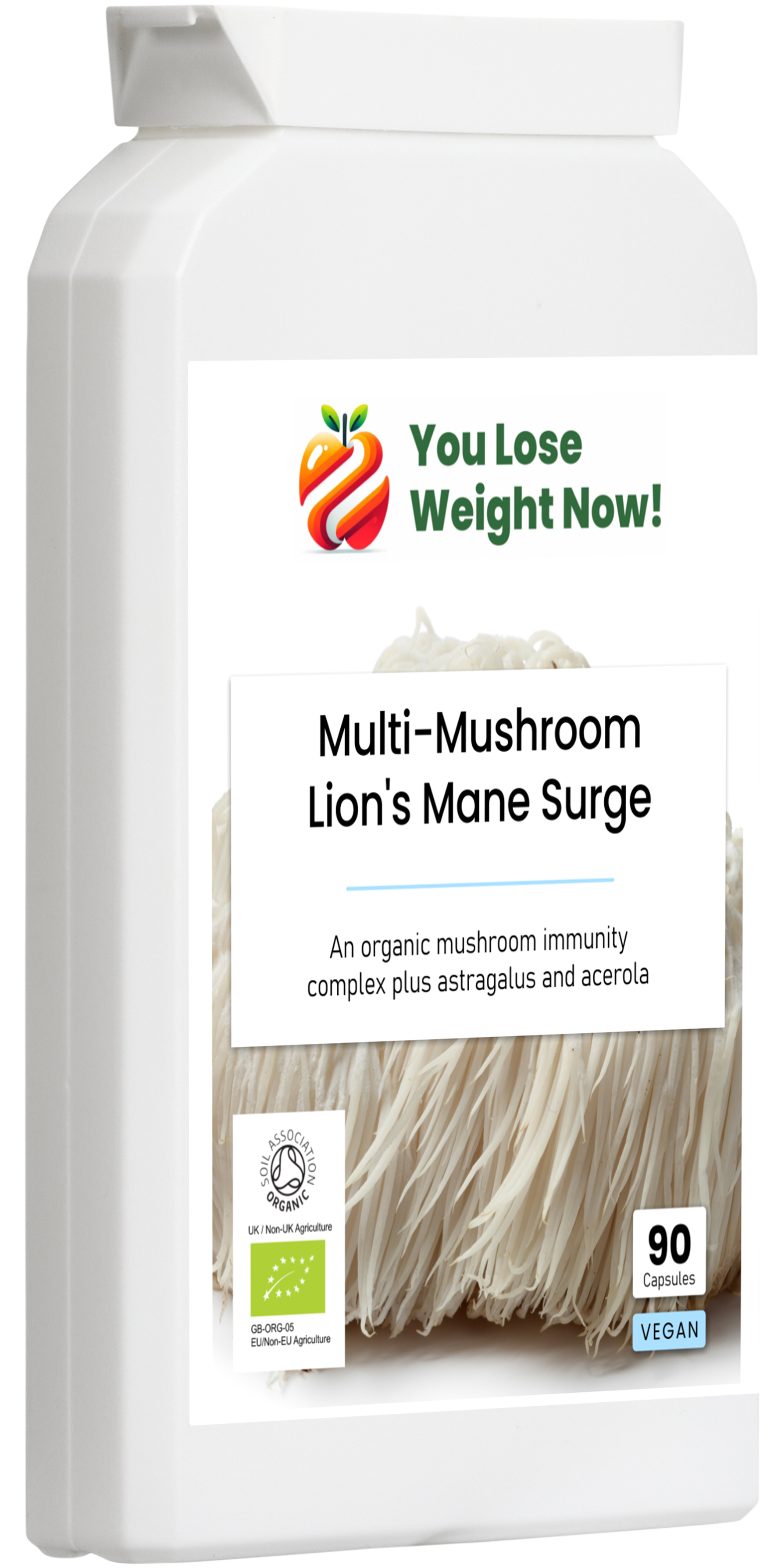 Multi-Mushroom Lion's Mane Surge by YouLoseWeightNow! — left side render of the tiny flat supplement pot, short squat and wide like a small face cream pot, showing the compact letterbox-friendly disc shape and clean supplement pot profile