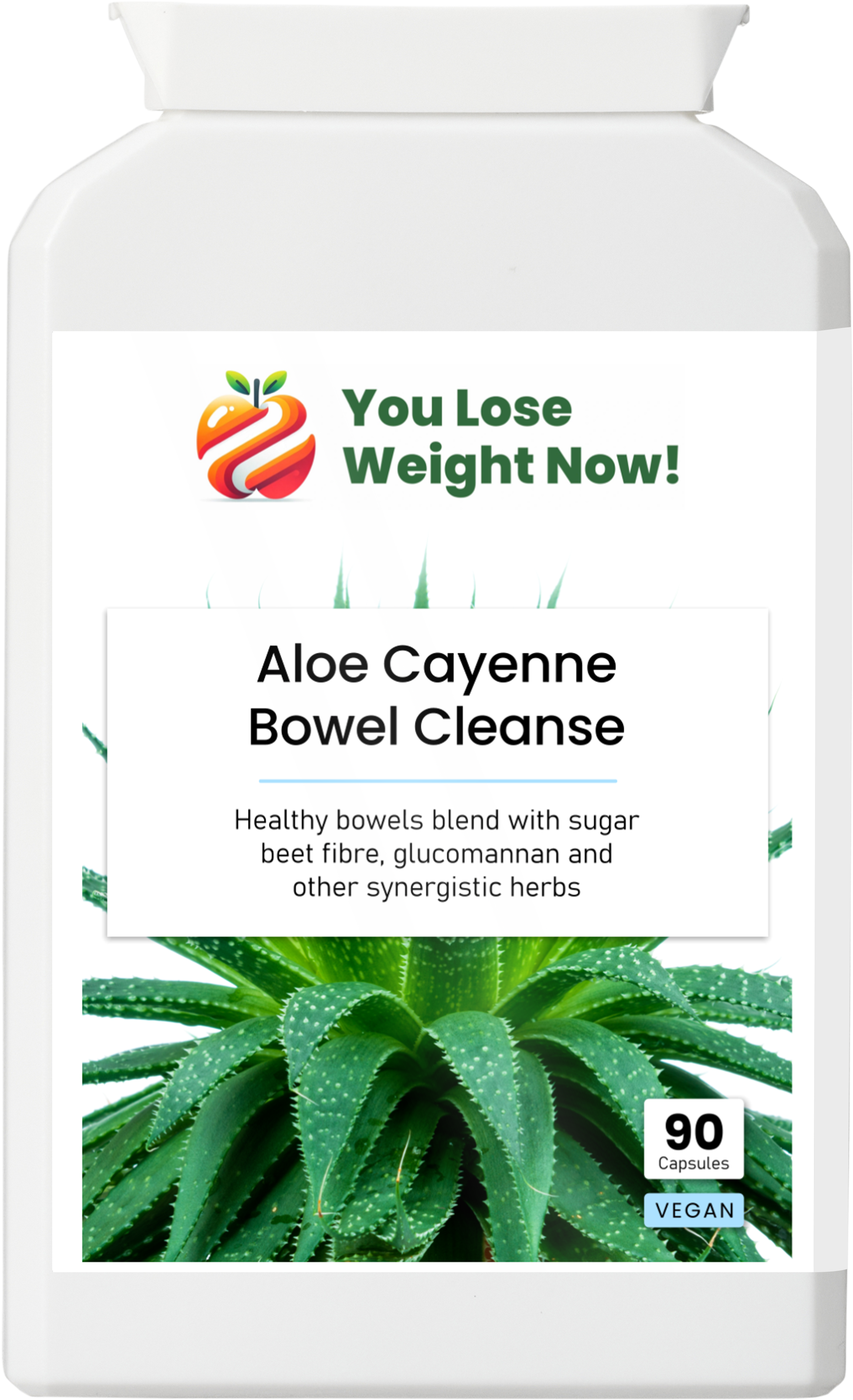 Aloe Cayenne Bowel Cleanse by YouLoseWeightNow! — front label of the tiny flat supplement pot showing key claims and certifications