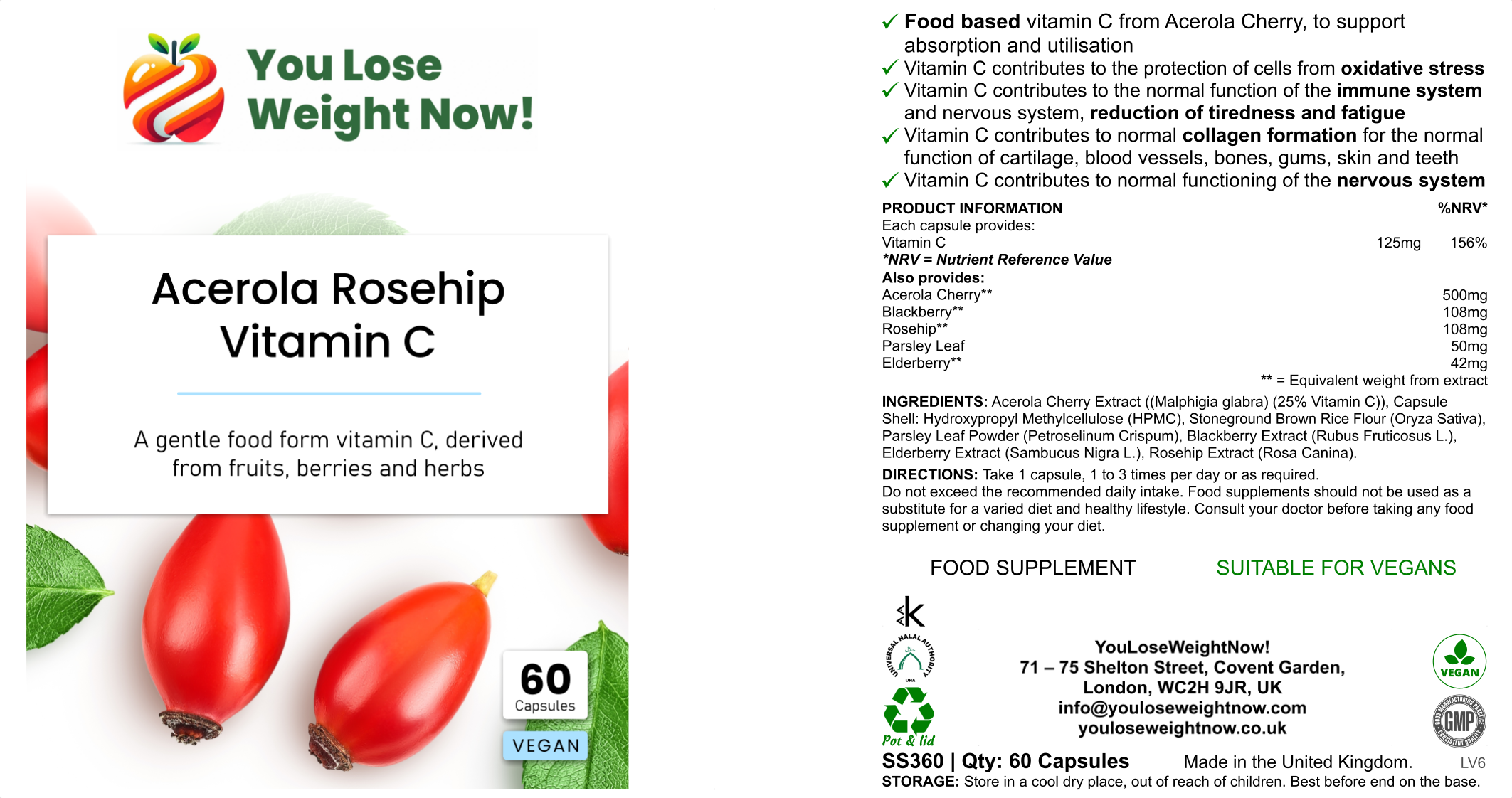YouLoseWeightNow! Acerola Rosehip Vitamin C flat supplement pot — three-quarter hero view showing front label with acerola cherry and rosehip imagery