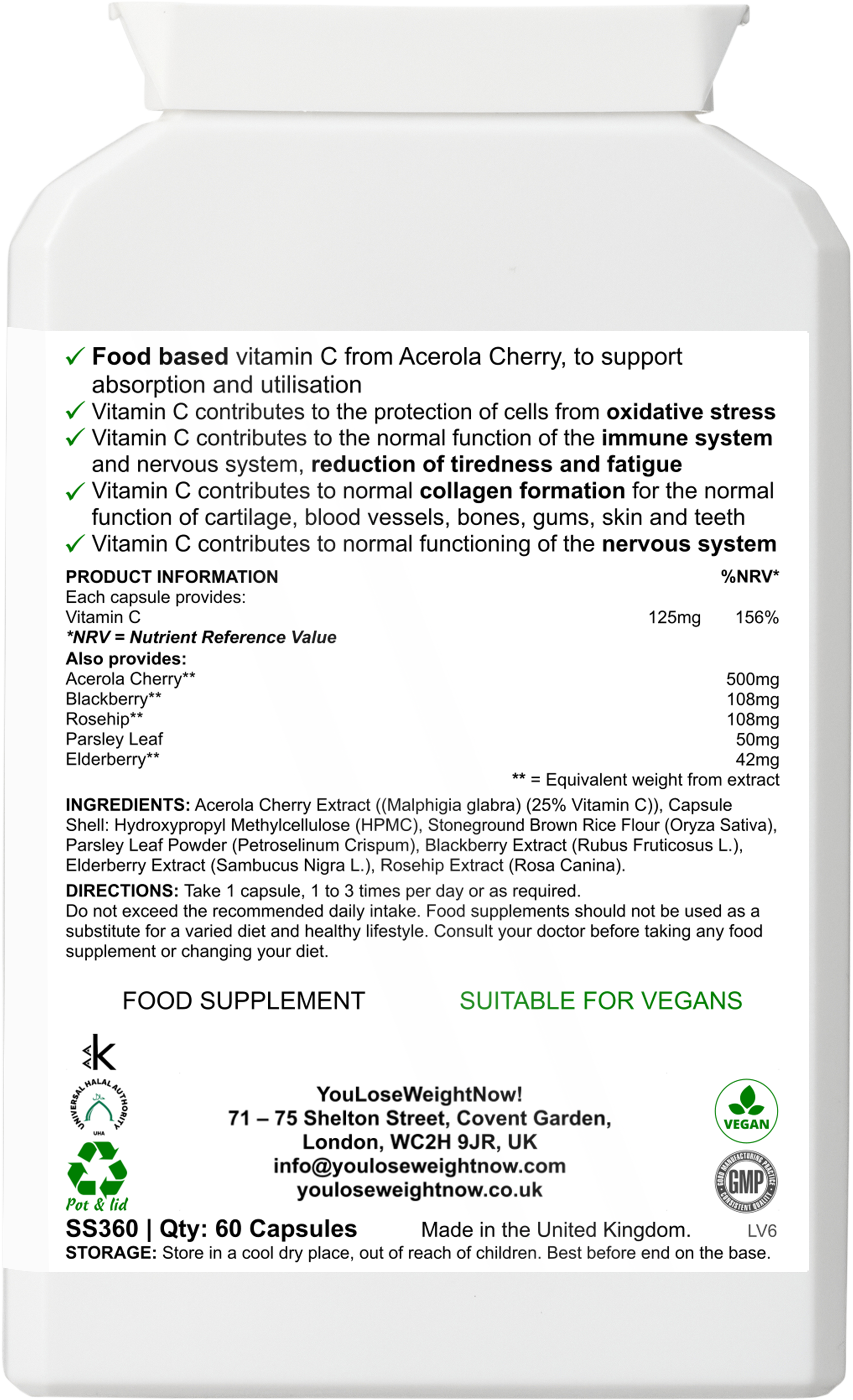 YouLoseWeightNow! Acerola Rosehip Vitamin C flat supplement pot — back label showing full ingredients list and certifications
