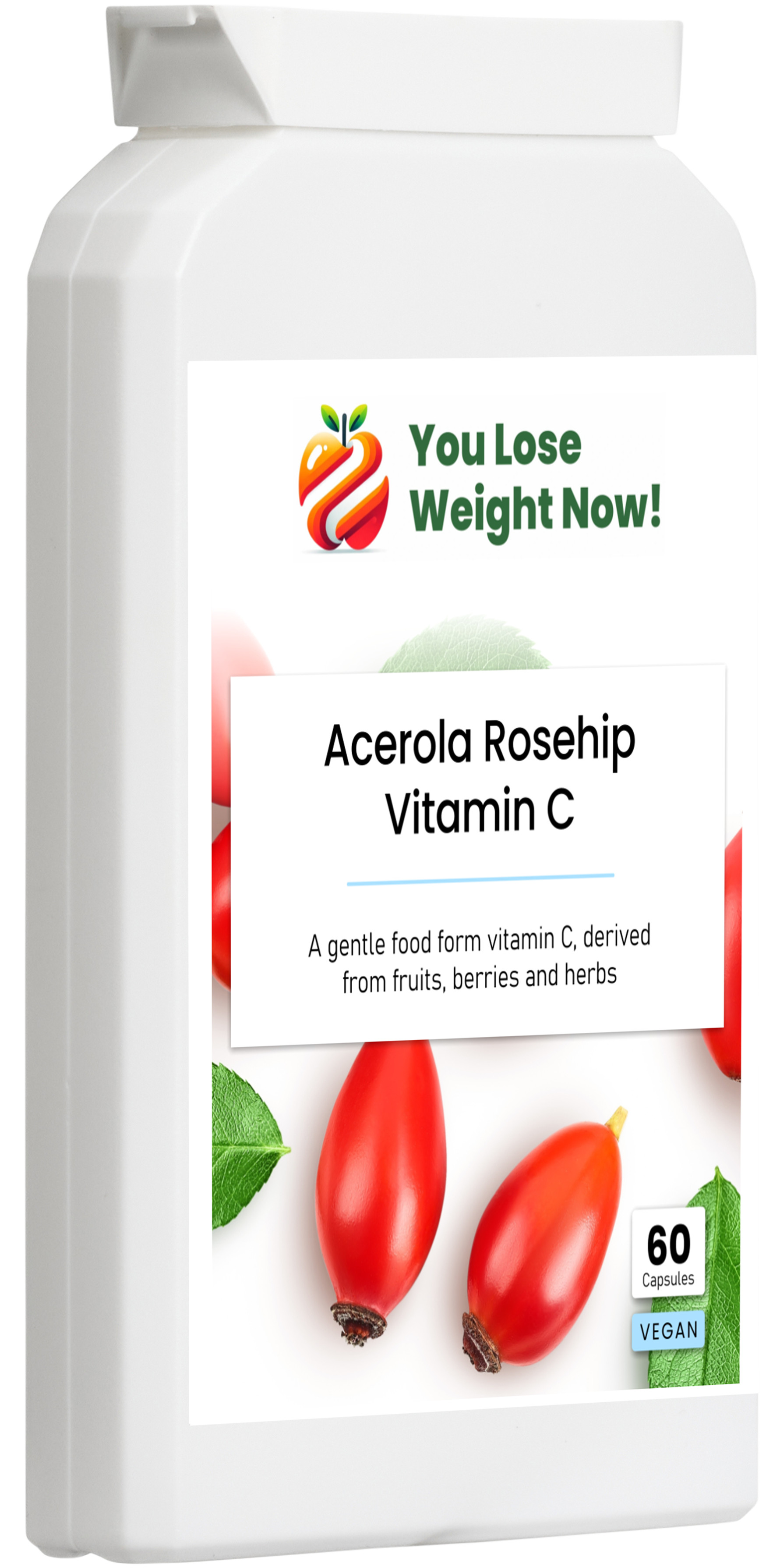 YouLoseWeightNow! Acerola Rosehip Vitamin C flat supplement pot — left side angle view