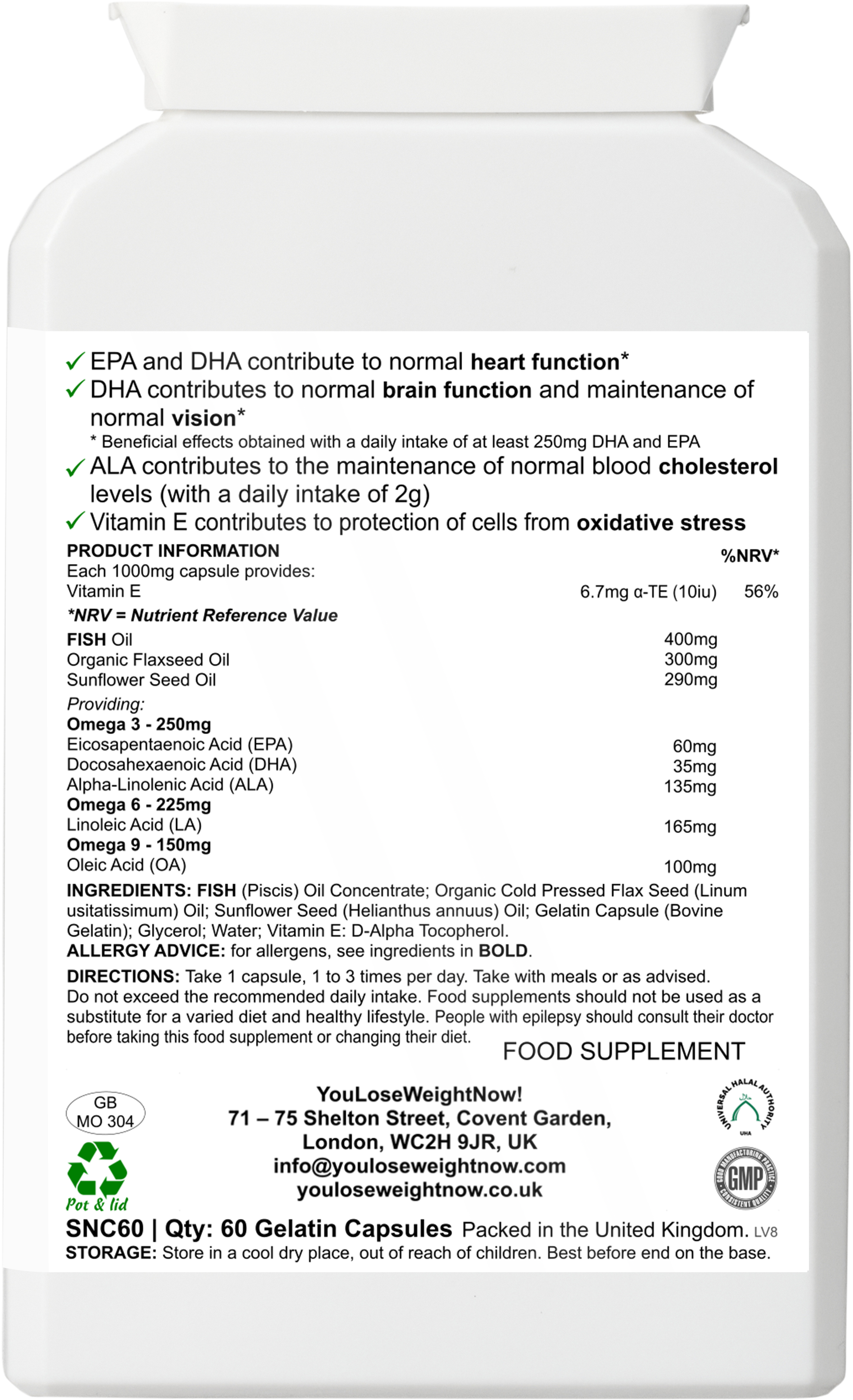 YouLoseWeightNow! Omega 3-6-9 Vitamin E — back label view of the tiny flat supplement pot showing full ingredients list, allergen information and directions