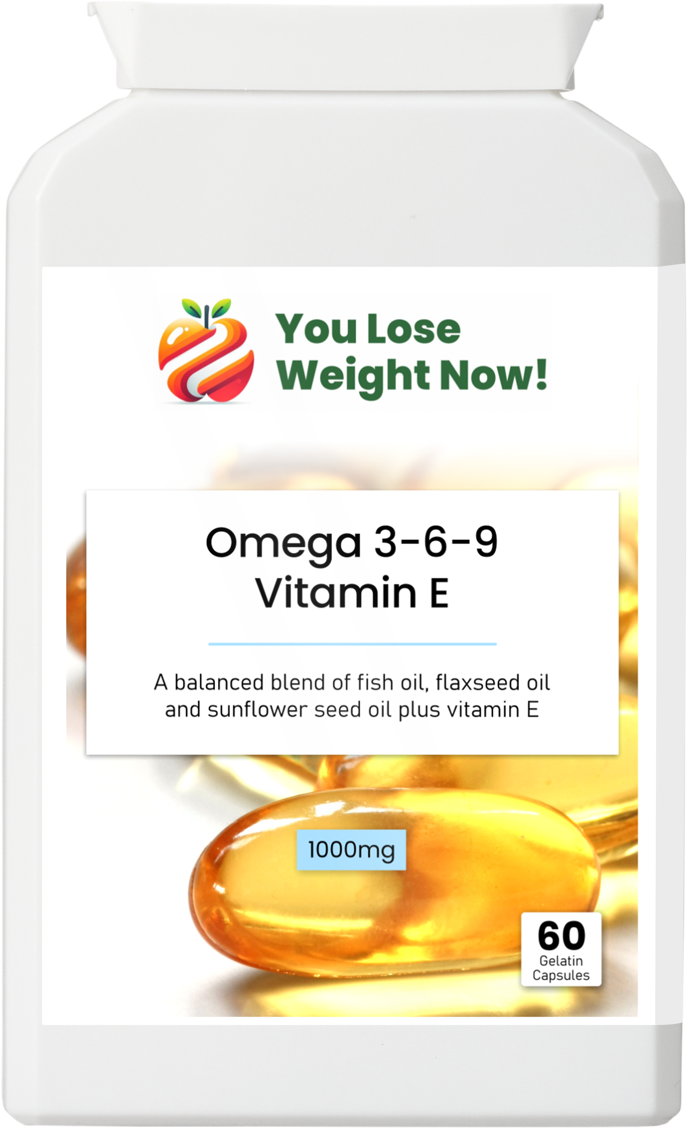 YouLoseWeightNow! Omega 3-6-9 Vitamin E — front view of the tiny flat supplement pot showing product name, 1000mg 60 gelatin capsules and Halal and GMP certifications