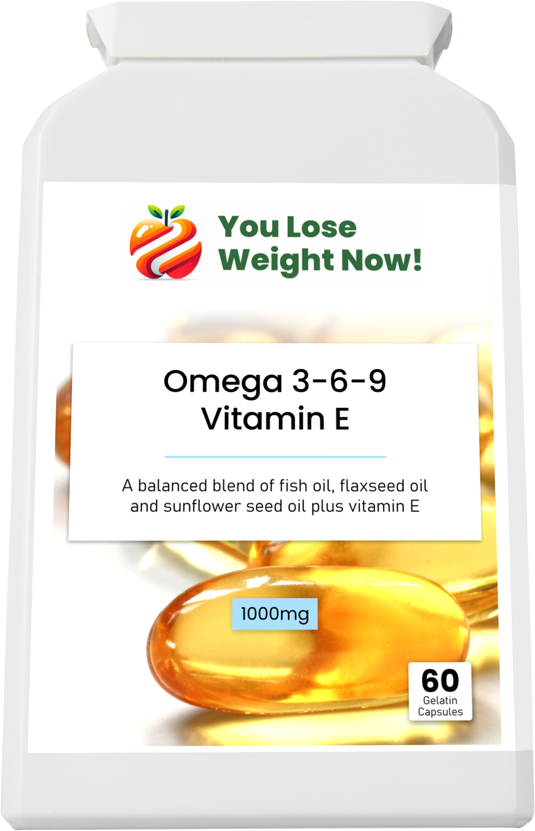 YouLoseWeightNow! Omega 3-6-9 Vitamin E — second front view of the tiny flat supplement pot highlighting the heart and blood pressure support formula with EPA, DHA and ALA
