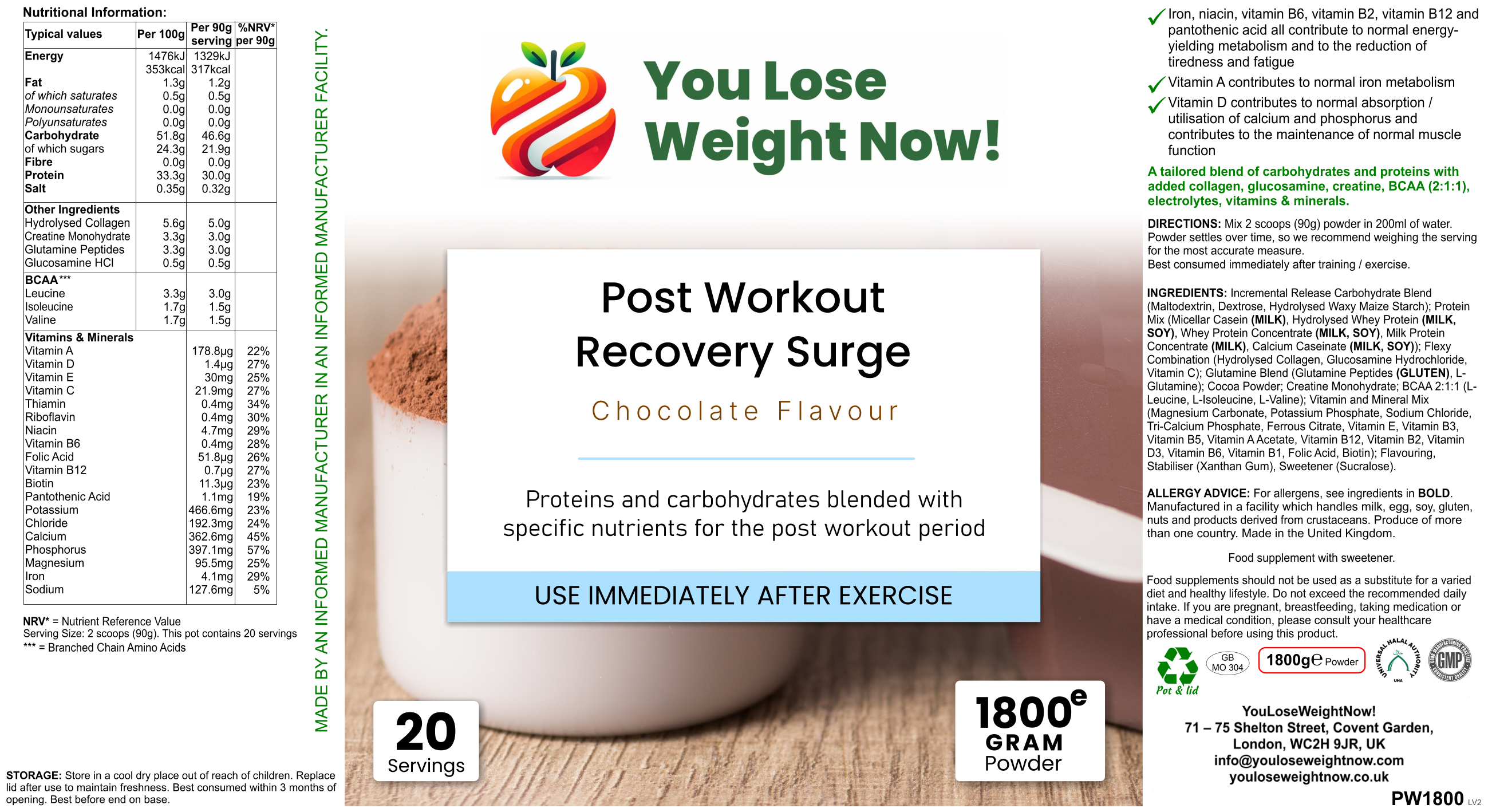 Post Workout Recovery Surge by YouLoseWeightNow! ā hero three-quarter view of the large round 4000ml silver-lidded supplement pot ā chocolate flavour ā 1800g powder ā 20 servings. The YouLoseWeightNow! logo is visible in the top left corner of the image.