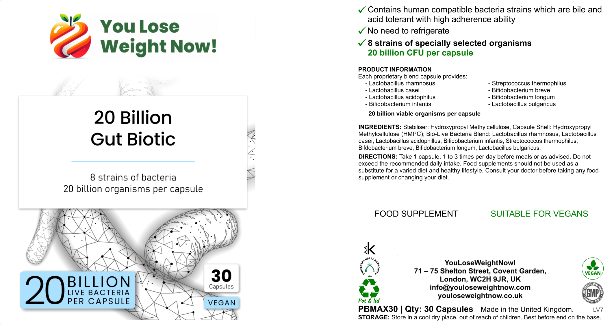 20 Billion Gut Biotic — three-panel hero image showing the flat wide-lidded YouLoseWeightNow! 20 Billion Gut Biotic supplement pot from multiple angles, label facing forward, clean white background.