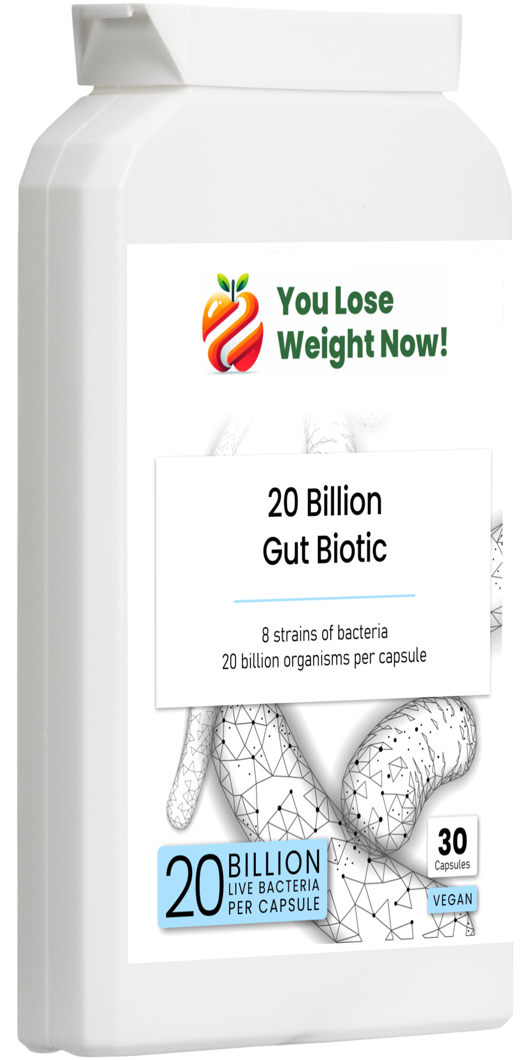 20 Billion Gut Biotic — right side view of the tiny flat wide-lidded supplement pot, clean white background.