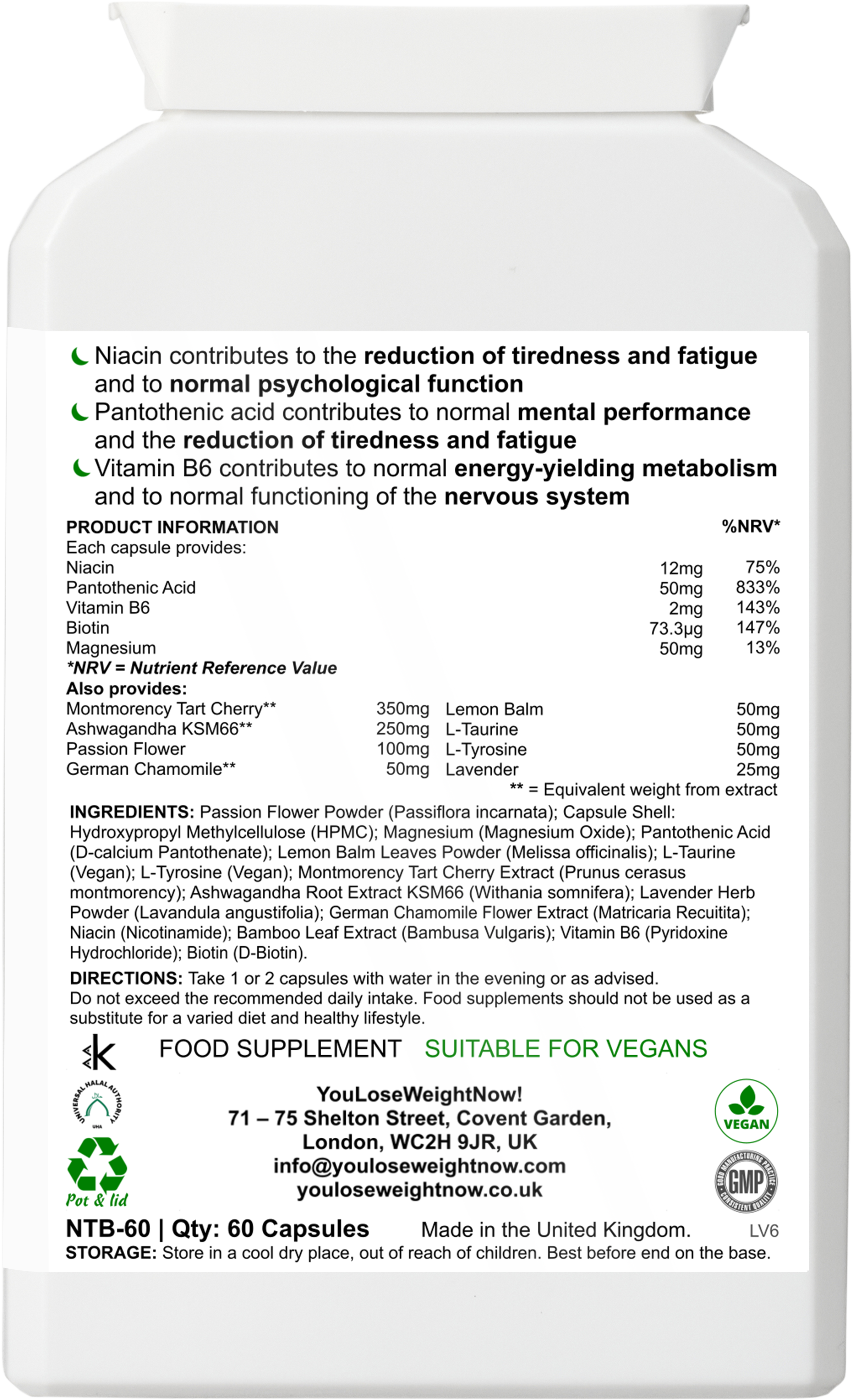 Lavender Ashwagandha Night Calm by YouLoseWeightNow! โ reverse perspective view of the flat postal pot showing the back label and ingredient panel