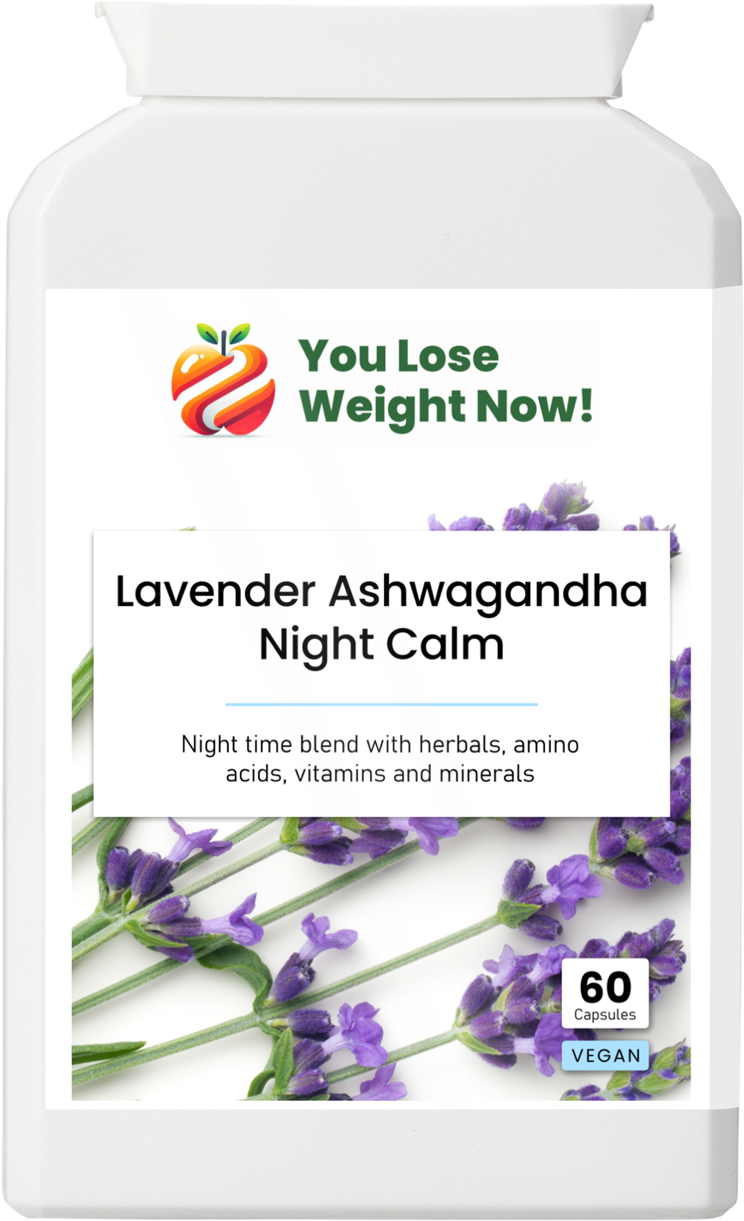 Lavender Ashwagandha Night Calm by YouLoseWeightNow! — front label render of the flat postal pot, 60 vegan capsules, UK-made