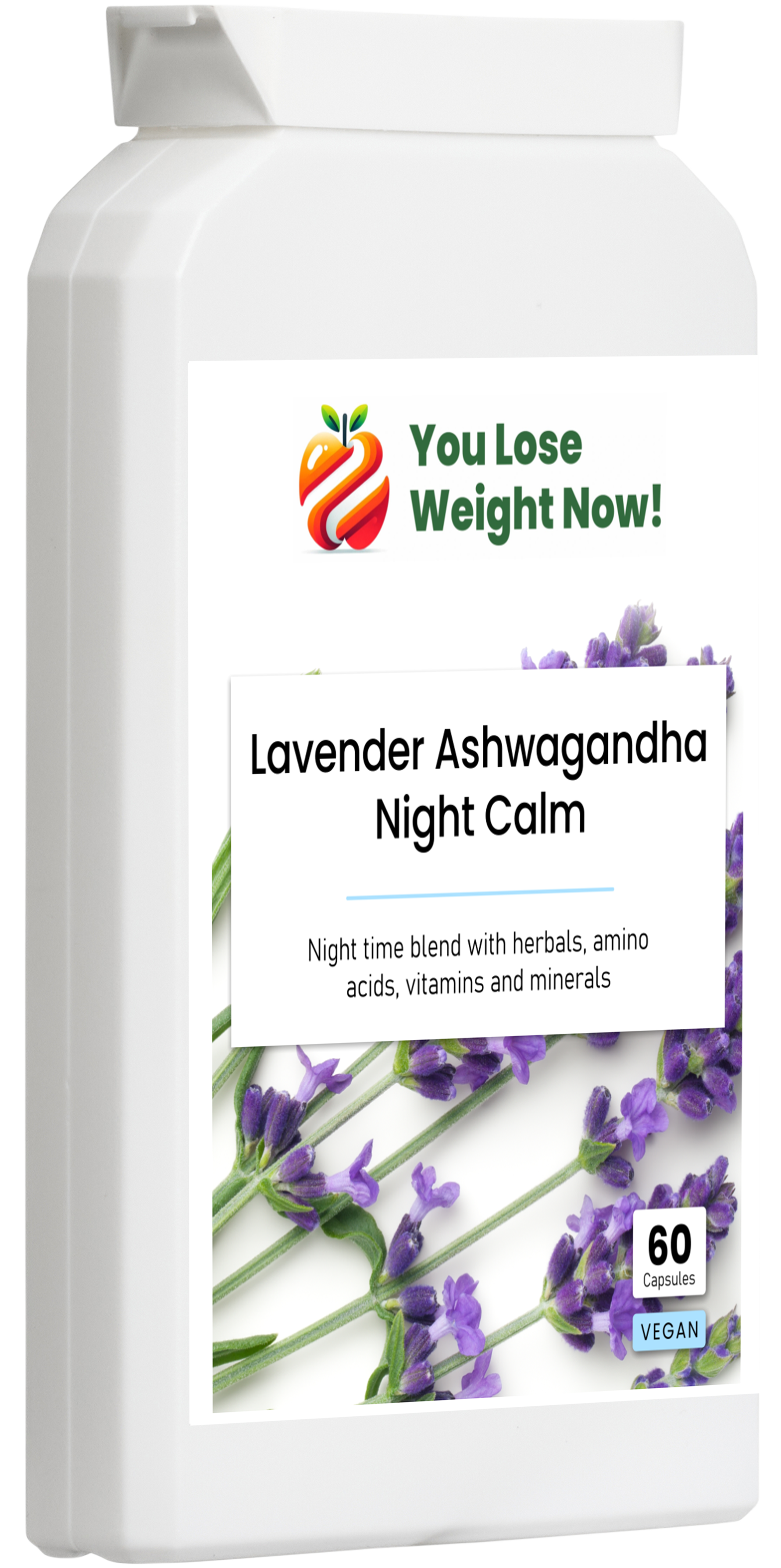 Lavender Ashwagandha Night Calm by YouLoseWeightNow! โ side angle view of the flat postal pot showing right profile and label detail