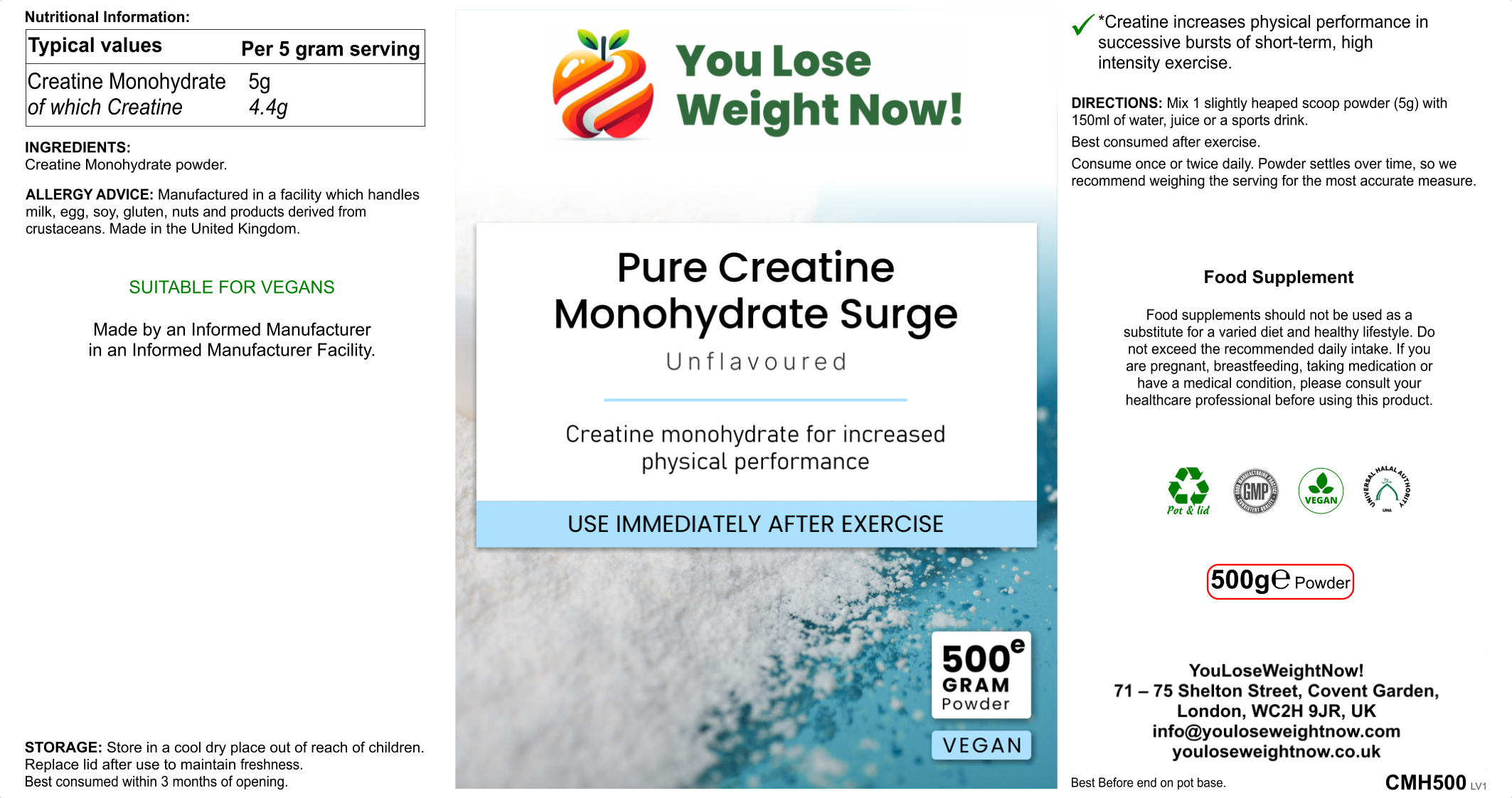 The Pure Creatine Monohydrate Surge 500g round pot by YouLoseWeightNow! — three-panel hero render showing front, side and back of the pot with silver lid on a clean white background.