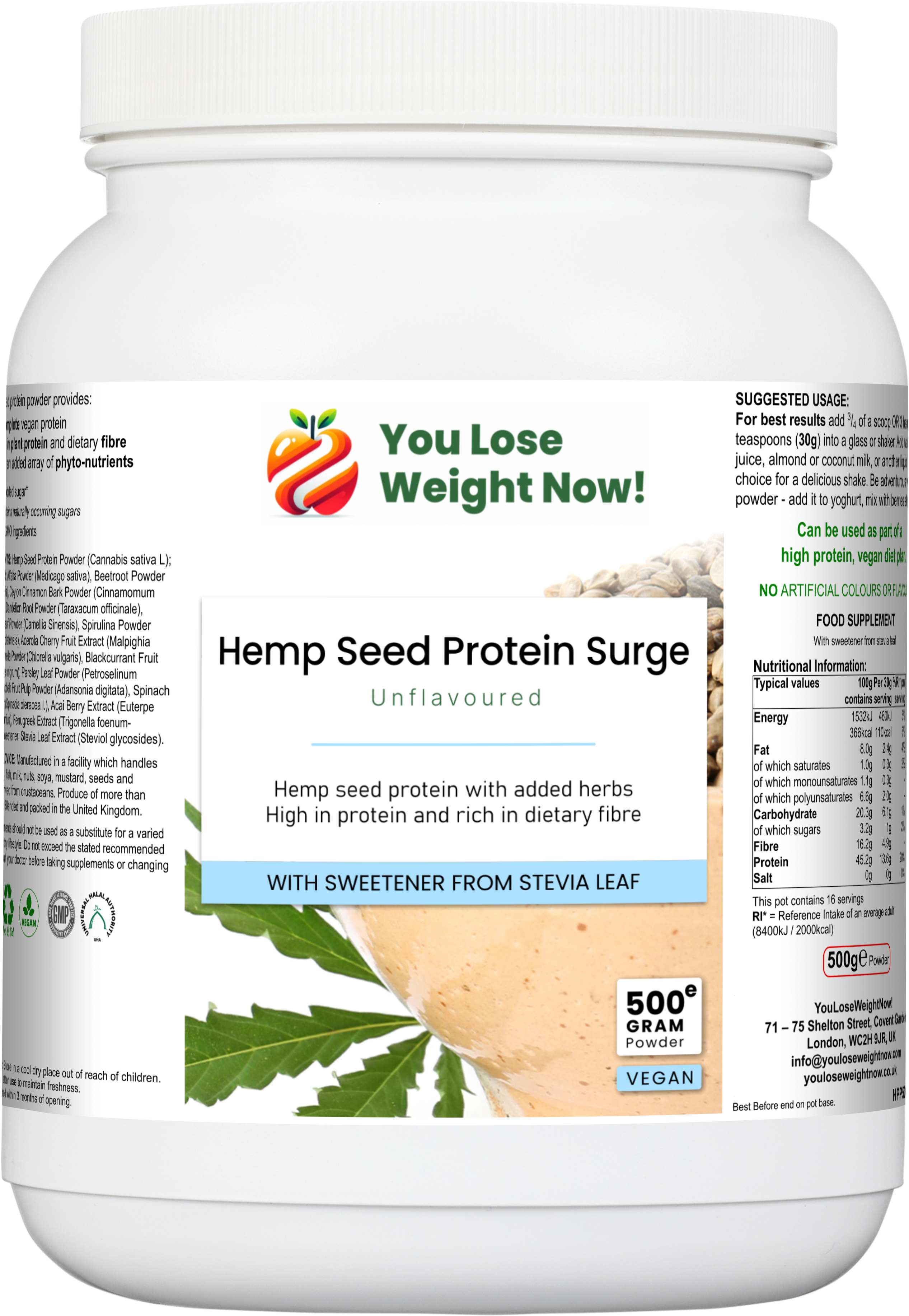 YouLoseWeightNow! Hemp Seed Protein Herbal Surge 500g round white tub, front three-panel view, premium plant protein powder with 14-herb botanical blend