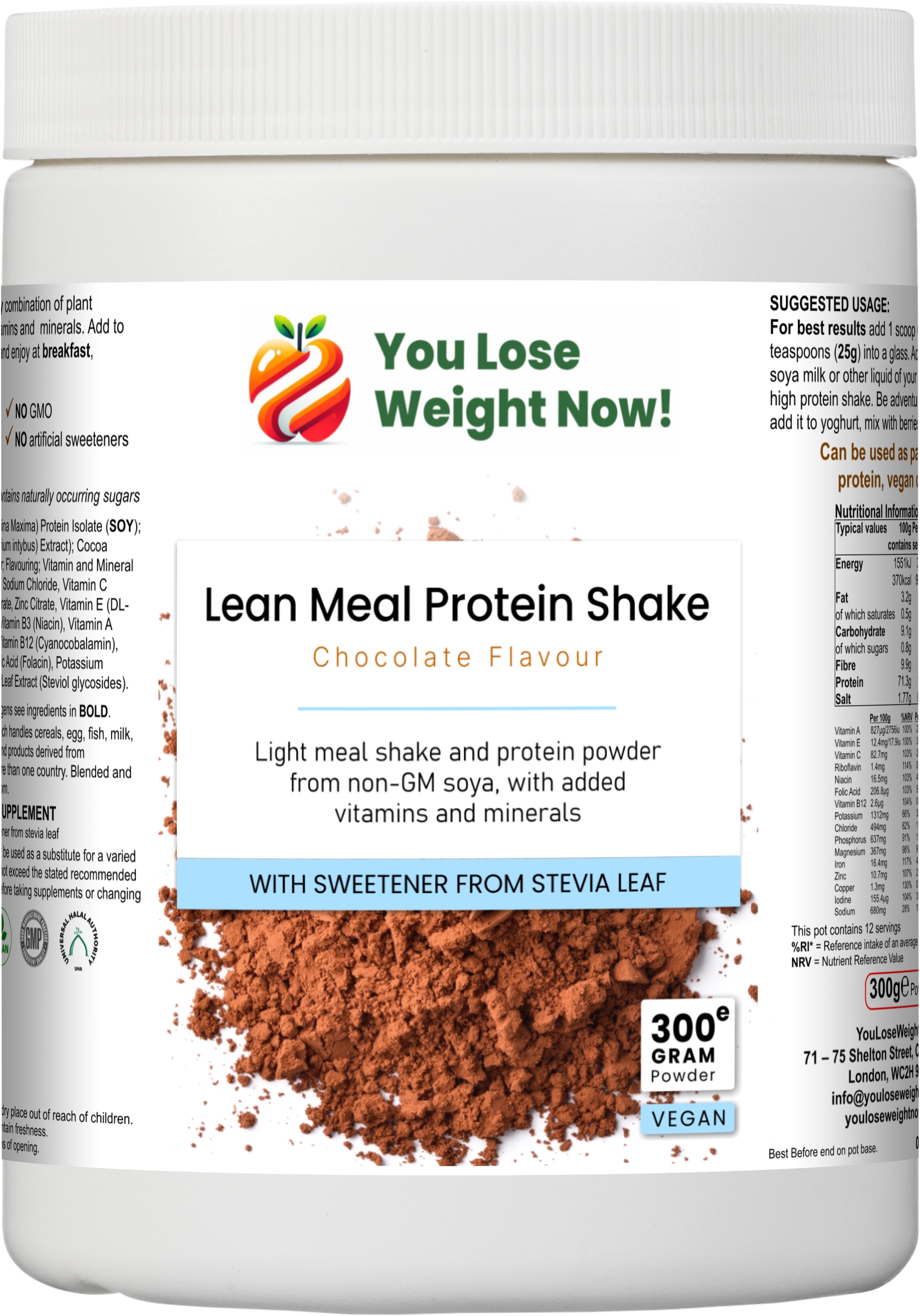 Top-down render of the YouLoseWeightNow! Lean Meal Protein Shake round pot — a short squat wide round supplement pot photographed from directly above, flat lid visible, clean white background.